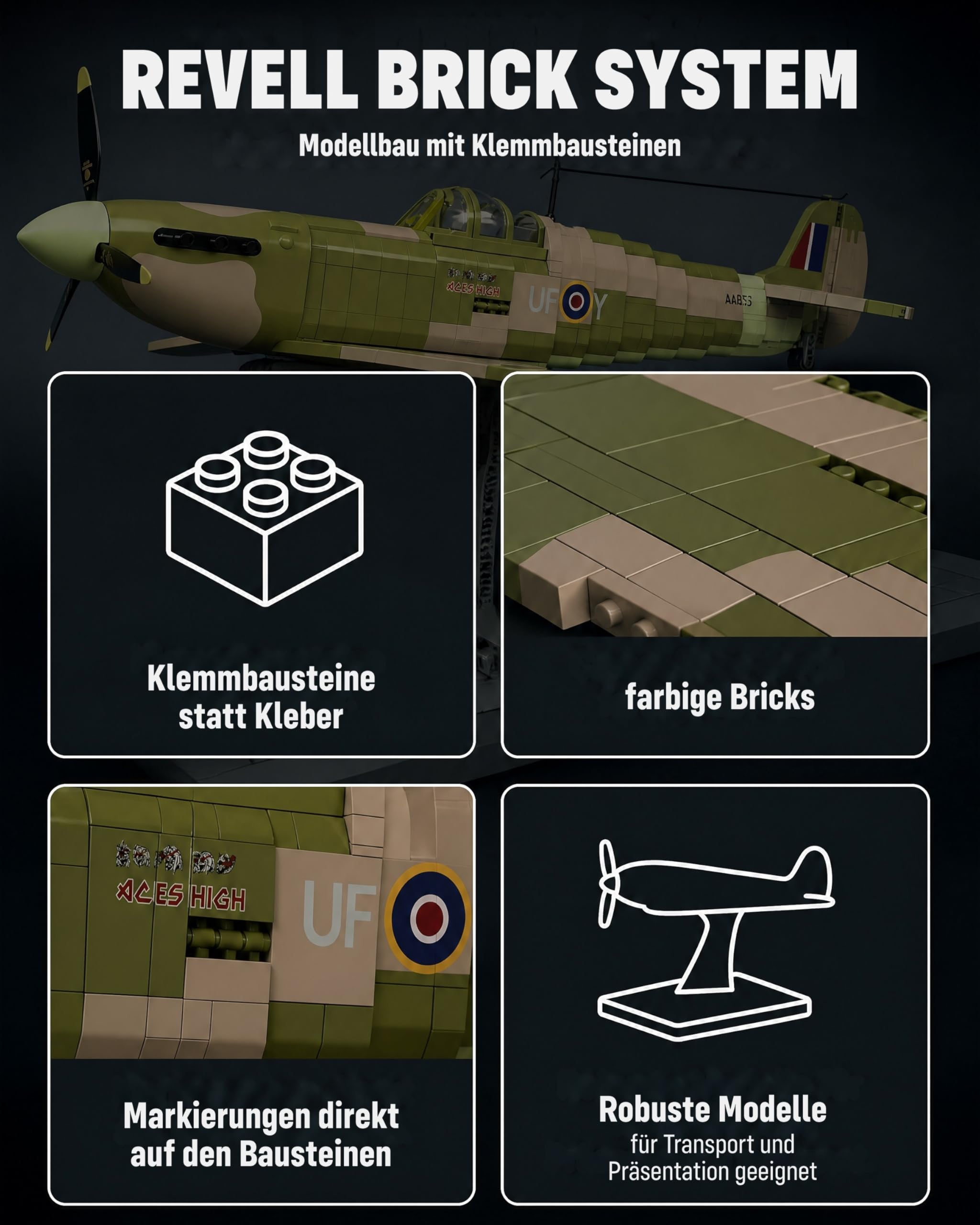 Revell Brick System Iron Maiden Spitfire MK.II Aces High | Klemmbaustein Set 1:18 mit 2802 Teilen | mit Eddie Pilot Figur, beweglichem Propeller & Cockpit | ab 18 Jahren