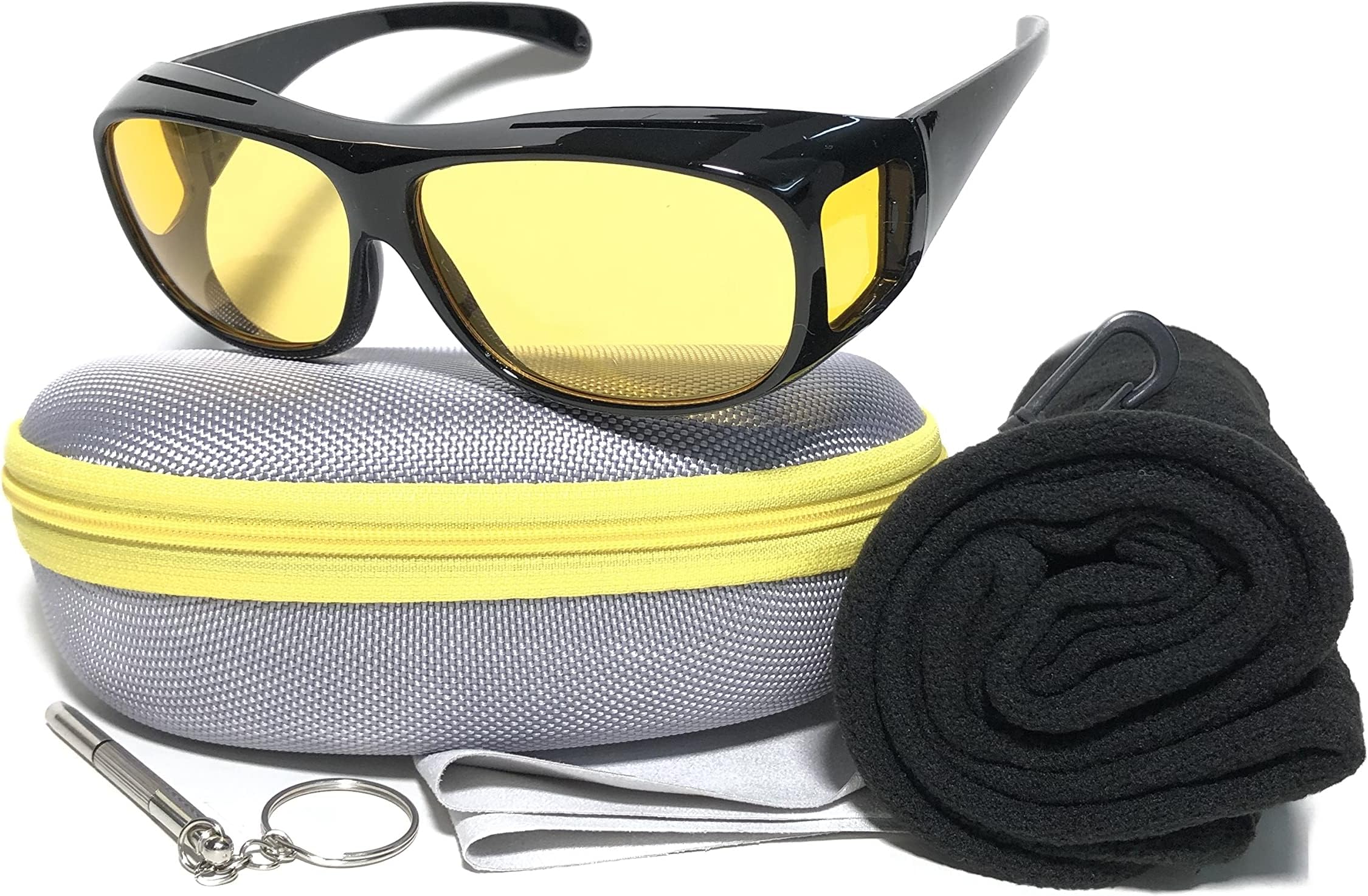 HD Sunglasses Night Driving Glasses Anti-Glare Wear Over Glasses Fit Over Prescription Glasses Yellow with Neck Warmer for Men/women
