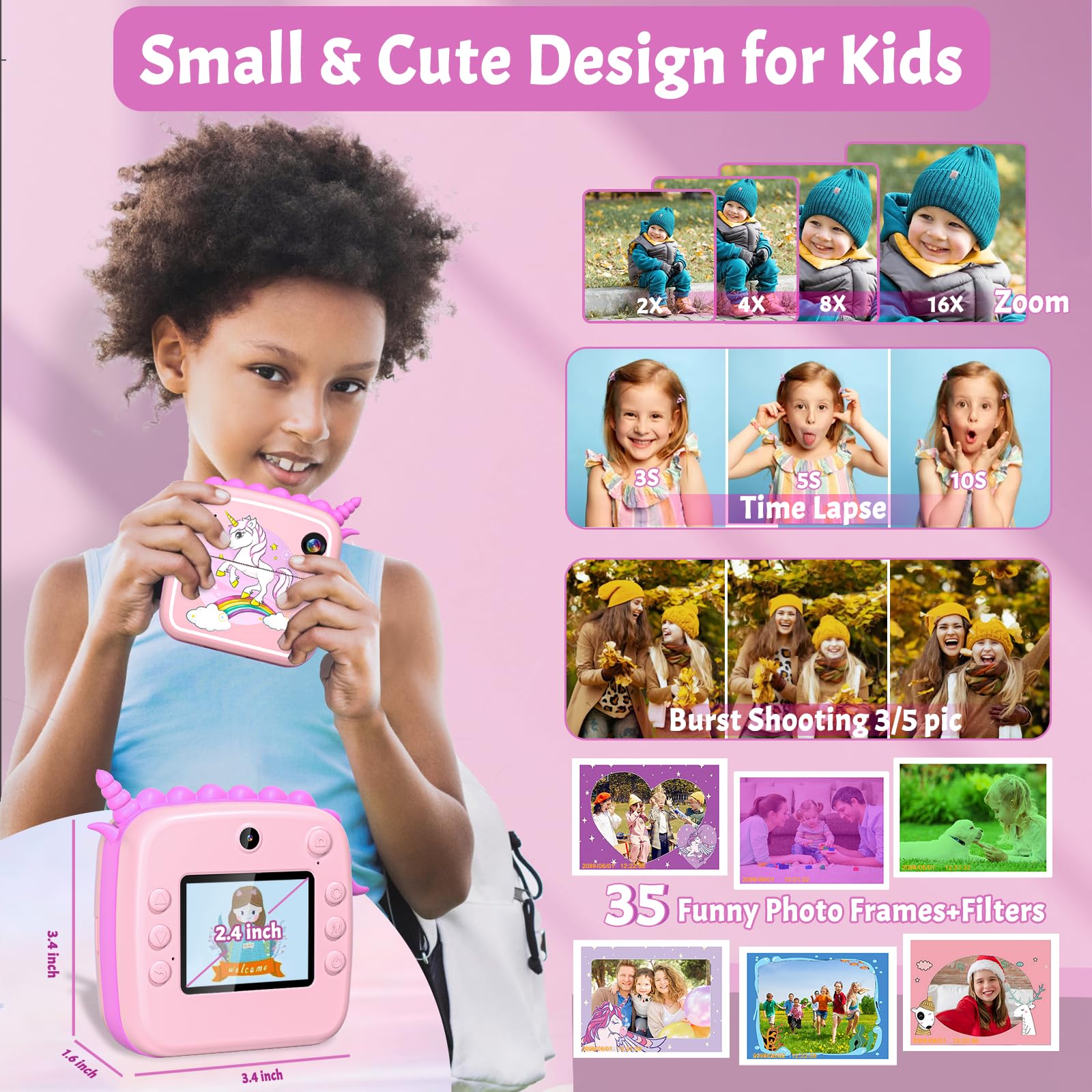 64GB Macchina Fotografica Bambini Istantanea, 50MP Digitale Fotocamera Bambini con 16X Zoom, DuoDuoSnap 2,4" 1080P Videocamera Stampa fotografica Regali Giocattoli per 3-12 Anni Ragazze Ragazzi-Rosa