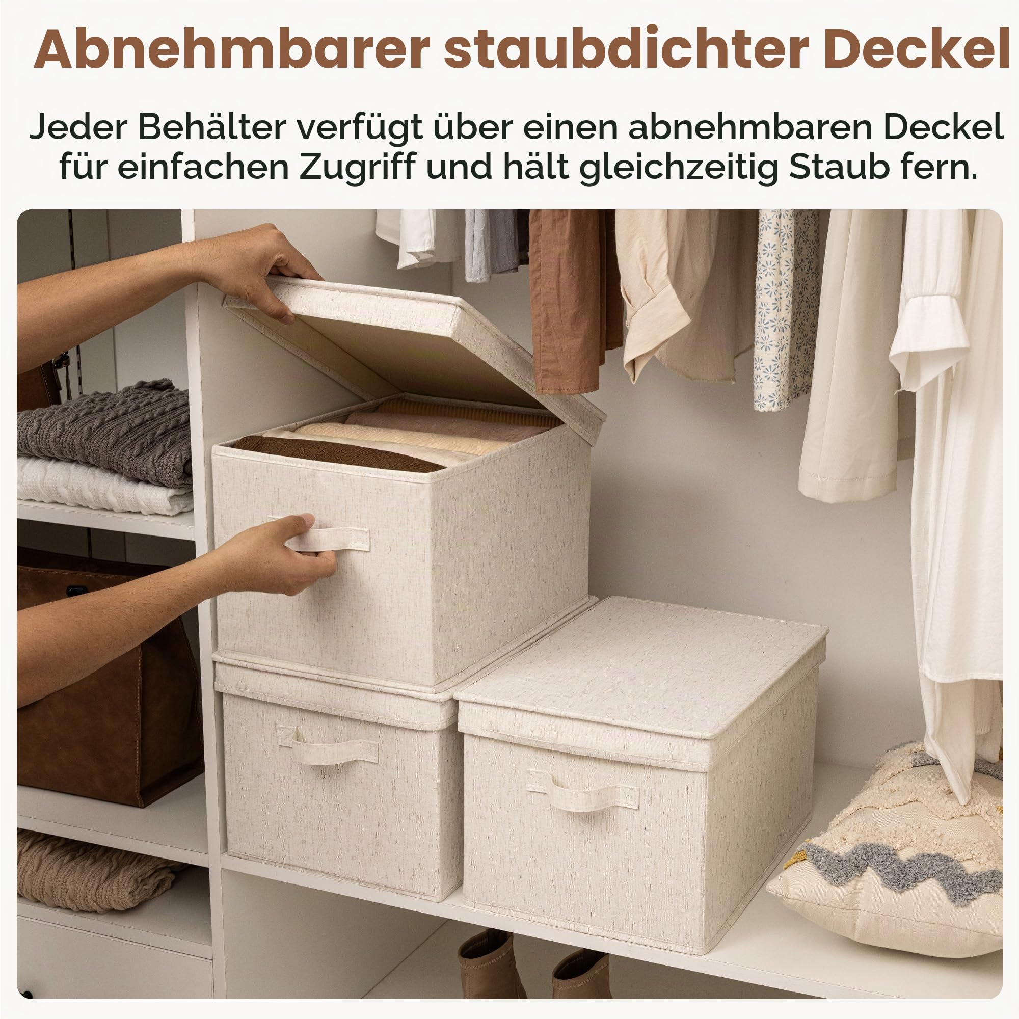 StorageWorks Aufbewahrungskorb mit Deckel, dekorative Aufbewahrungsboxen mit PU-Griffen, stapelbare Stoff-Aufbewahrungskörbe für Schrank, Regale, Beige (Baumwolle-Leinen), Jumbo, 3 Stück