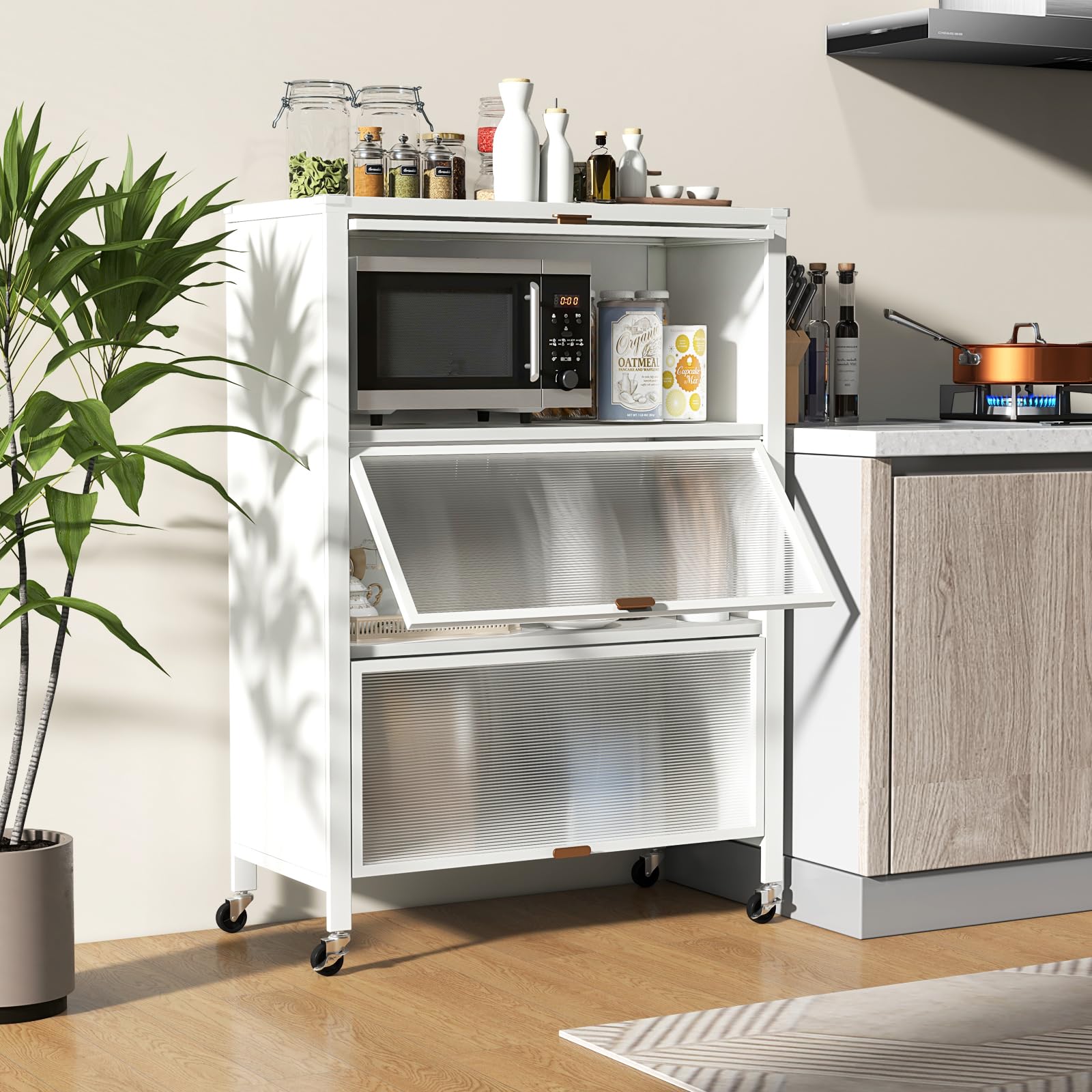 KOMFOTTEU Küchenregal mit 4 Ebenen, Küchenschrank mit 4 Rollen und transparenten Klapptüren, Aufbewahrungsschrank aus Metall mit Kippsicherung für Esszimmer, 81 x 37 x 115 cm