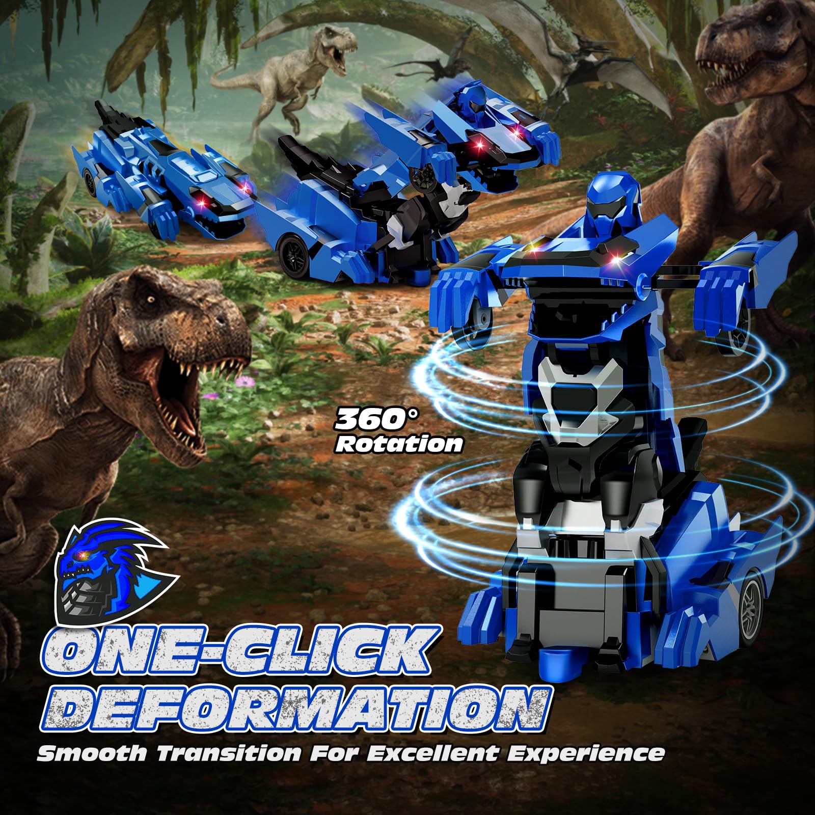 Tecnock 2025 Rechargeable Dinosaur Remote Control Car 2.4GHz One Button Transformation 360 °Rotation Robot Car Toy with LED Lights Toy Gift for Age 4-12 Boys/Girls Blue - Image 2