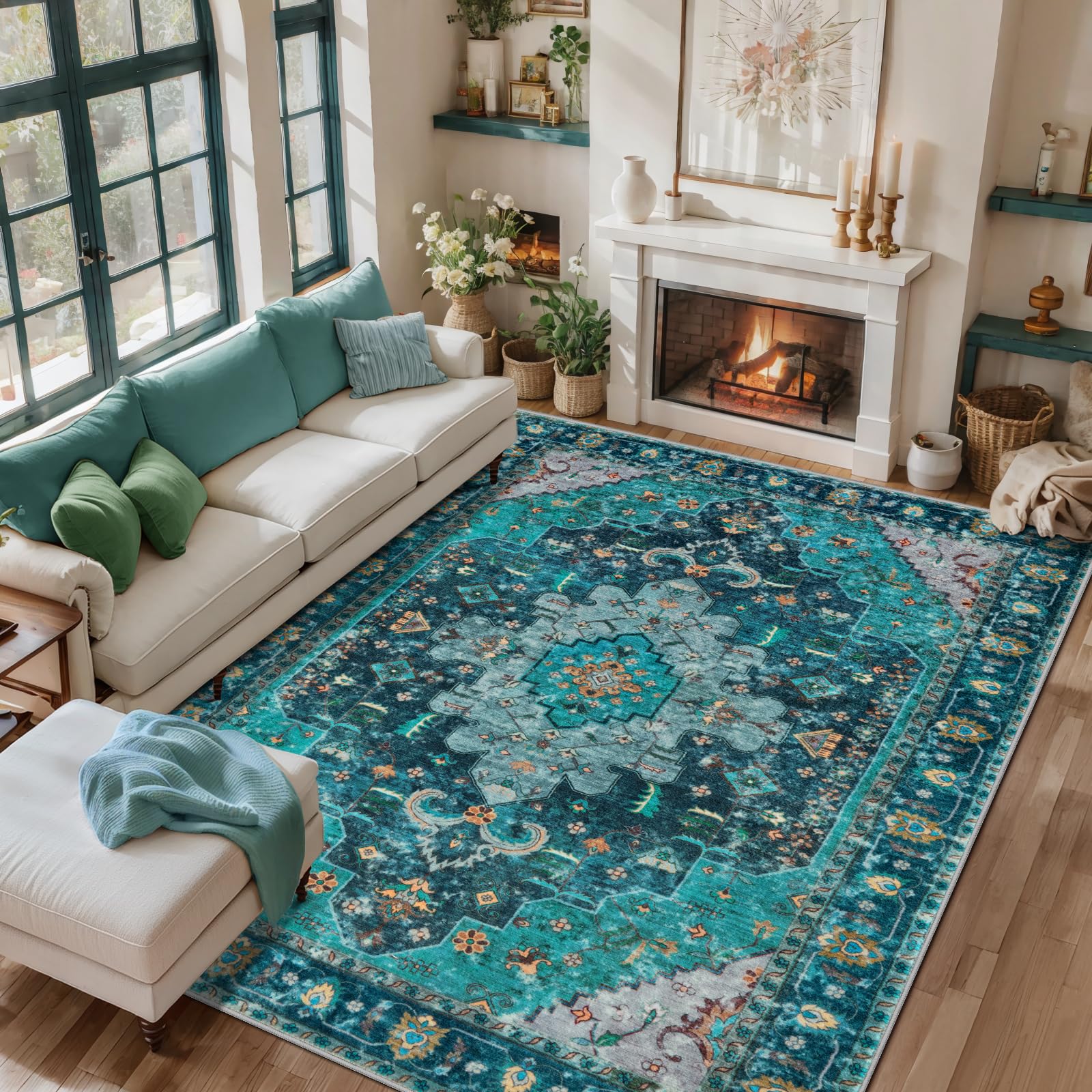 Ciicool Washable Area Rug - 6x9 Vintage Bedroom Dining Room Rug Non-Slip Lining Room, Oriental Throw Low Pile Carpet for Office Kitchen Entryway?Teal/Multi?