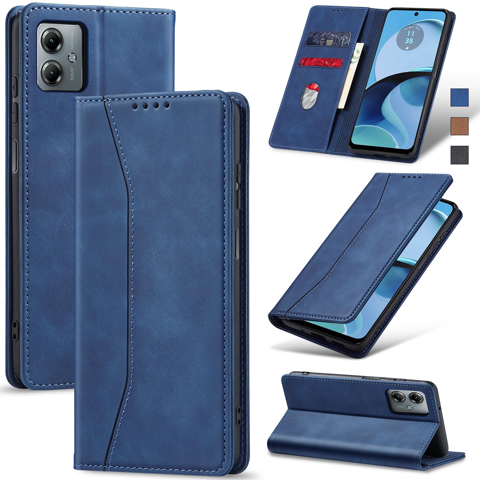 Jasonyu Handyhülle für Motorola Moto G14 Hülle Leder Flip Klappbare Stoßfeste Magnetische Premium PU Leder Standfunktion Kartenfächern Schutzhülle Klapphülle für Moto G14,Blau