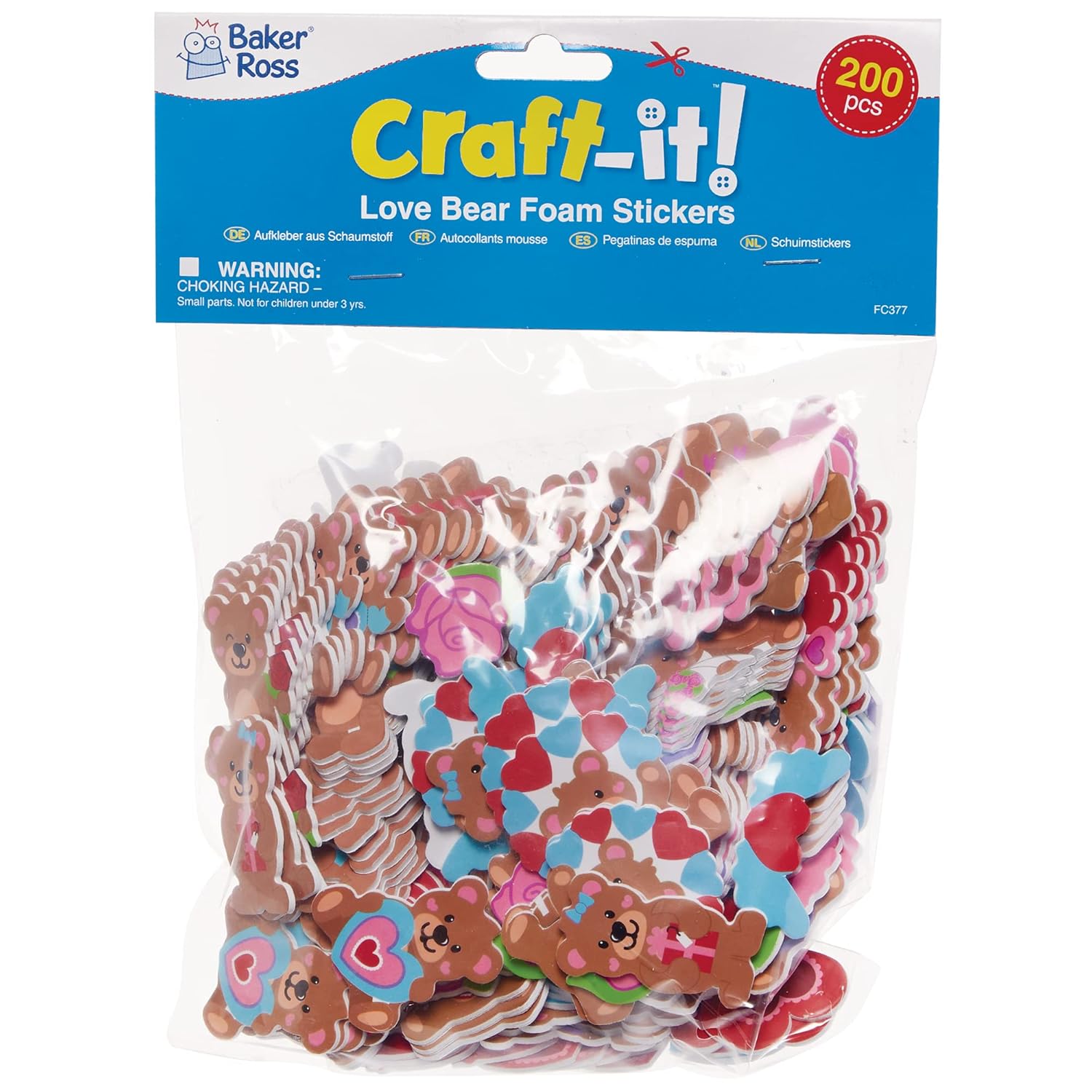 Baker Ross Love Bear Foam Stickers - Pack of 200, Foam Valentine's Stickers for Children (FC377)