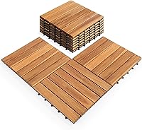 10-Pack 12x12 Interlocking Acacia Wood Deck Tiles - Natural Teak Color for Patio, Balcony, Poolside Indoor Outdoor Flooring