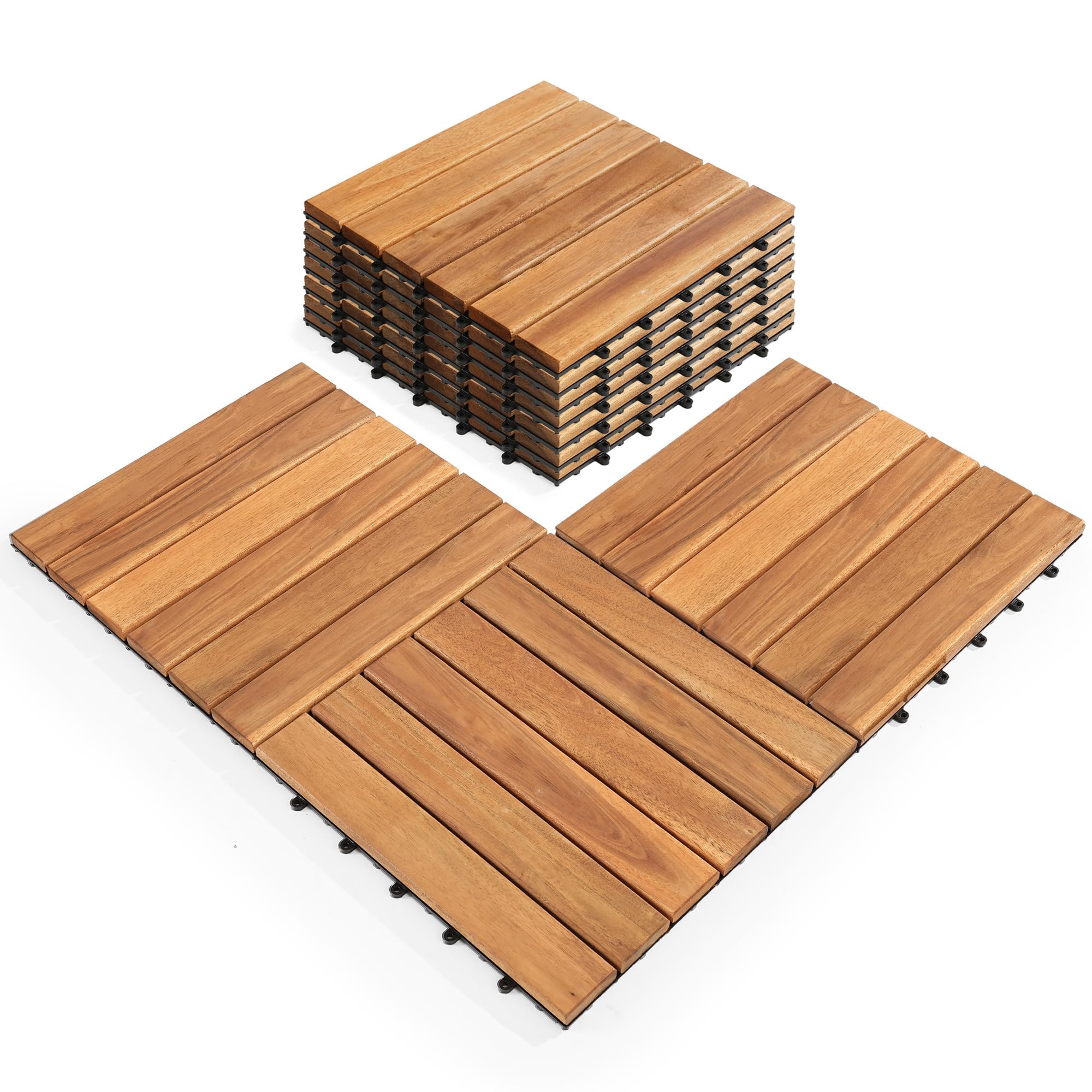 Pack of 10 Pcs 6 Slats Interlocking Deck Tiles 12" x 12", Natural Acacia Wood Tiles - Patio Flooring Outdoor Waterproof, Tiles for Outdoor & Indoor, Patio Garden, Balcony, Poolside - Teak Color
