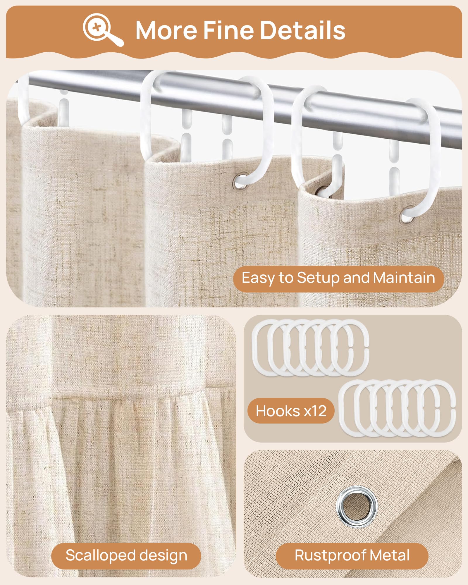 Tenda da Doccia in Lino Beige 180x200 cm – Impermeabile, Antimuffa e Antibatterica, Tessuto Pesante 180GSM con Orlo Zavorrato, Lavabile Tenda da doccia, con 12 Ganci per Bagno