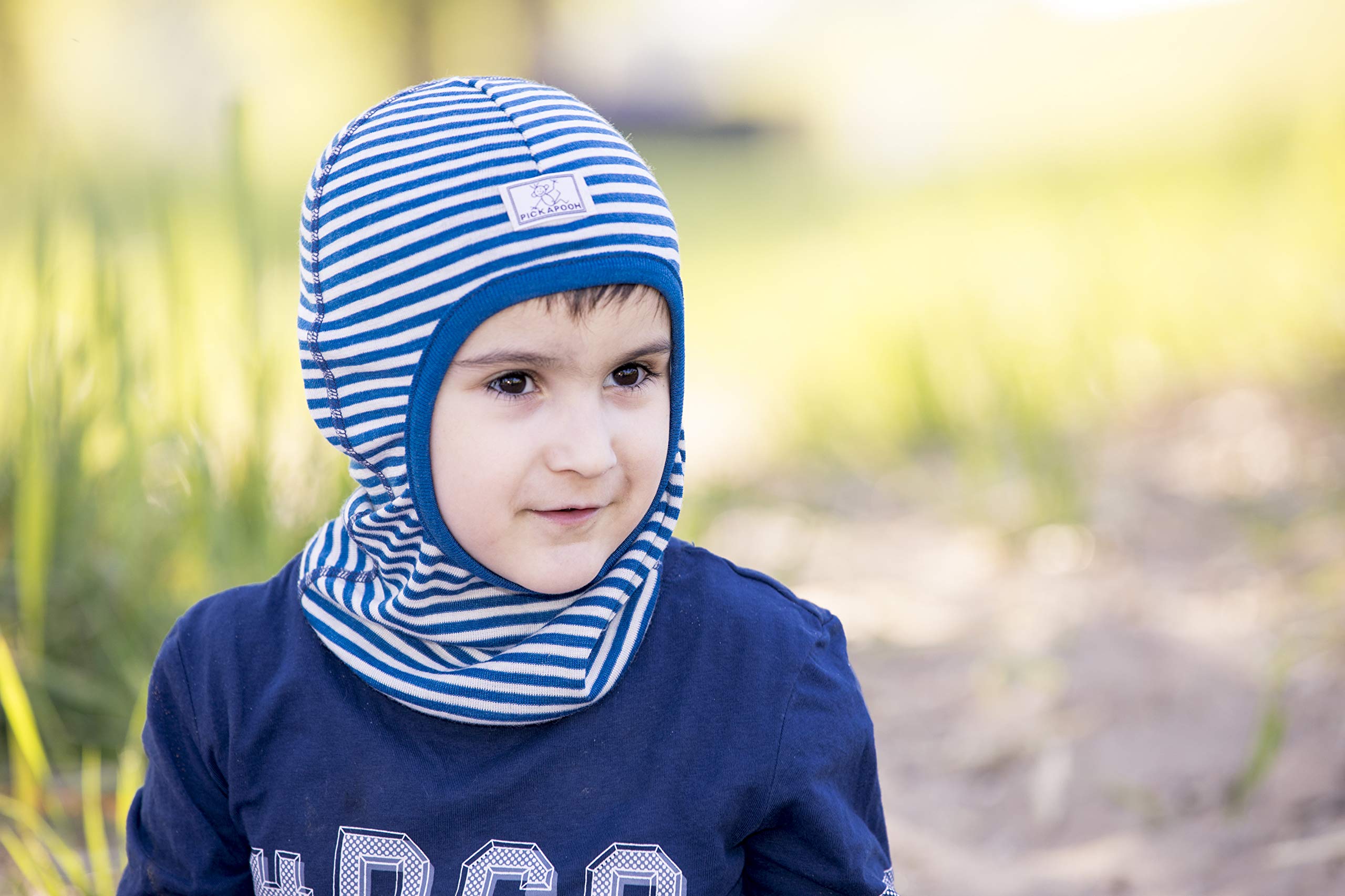 Pickapooh Hat Merino Wool Silk Balaclava Baby Boy Girl Children Winter Organic Bosse (50 cm (19,7 in), Striped Ocean/Natural)