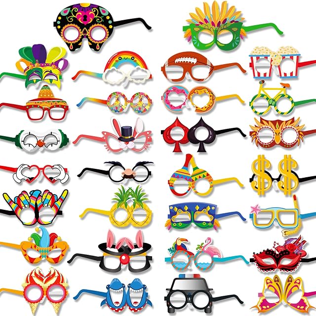 30Pcs Novelty Party Glasses Frame Funny Eyeglasses Photo Props Masquerade Masks Fancy Dress Costume Decoration for Kid Adults Halloween Carnival Ball Birthday Mexican Summer Beach Luau Party Supplies