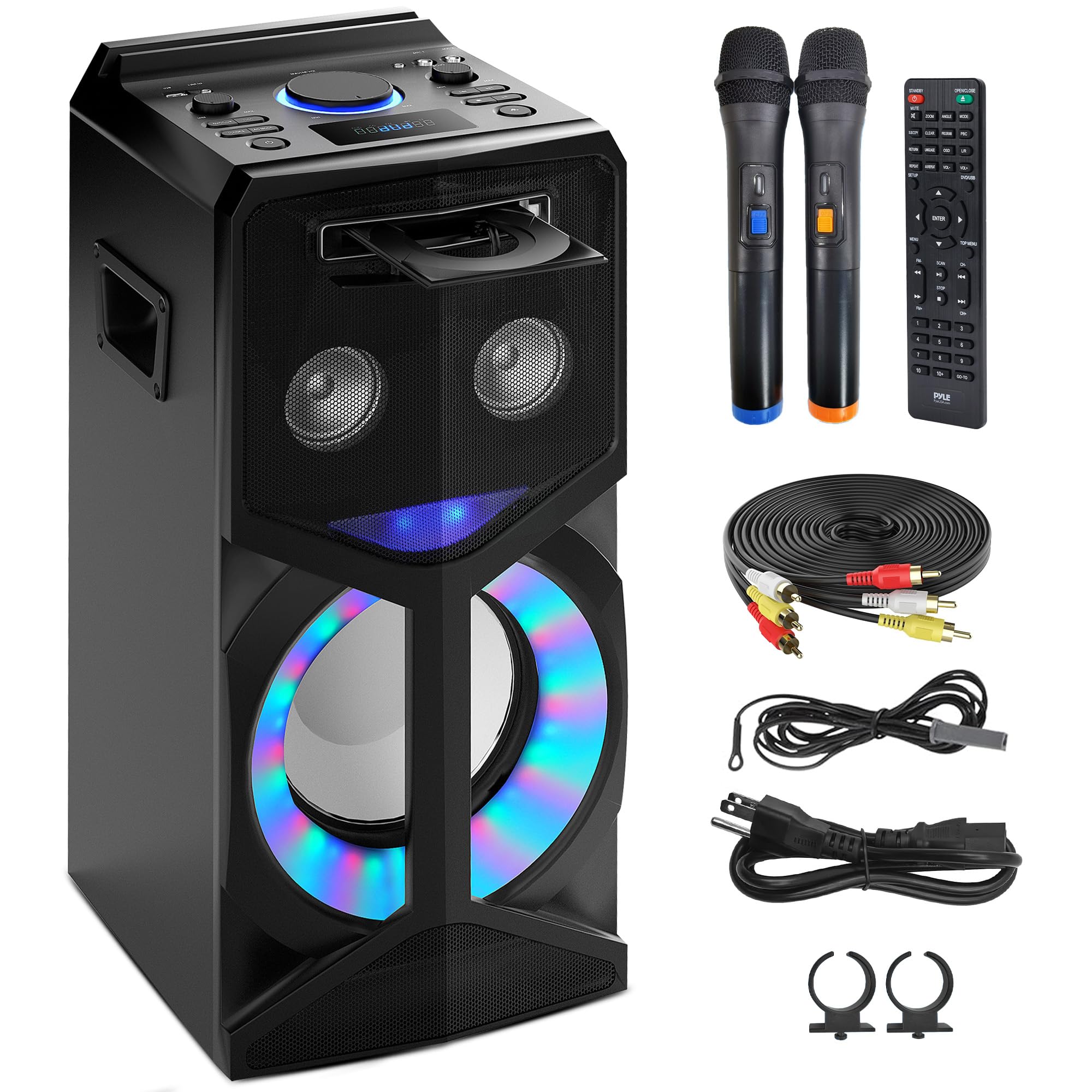 Pyle Audio Video DVD Karaoke PA Speaker System w/2 Wireless Microphones - 800W Built-in Multimedia Disc Player, Bluetooth, FM Radio, USB Slot, LED Display Screen, Remote Control and Cables included