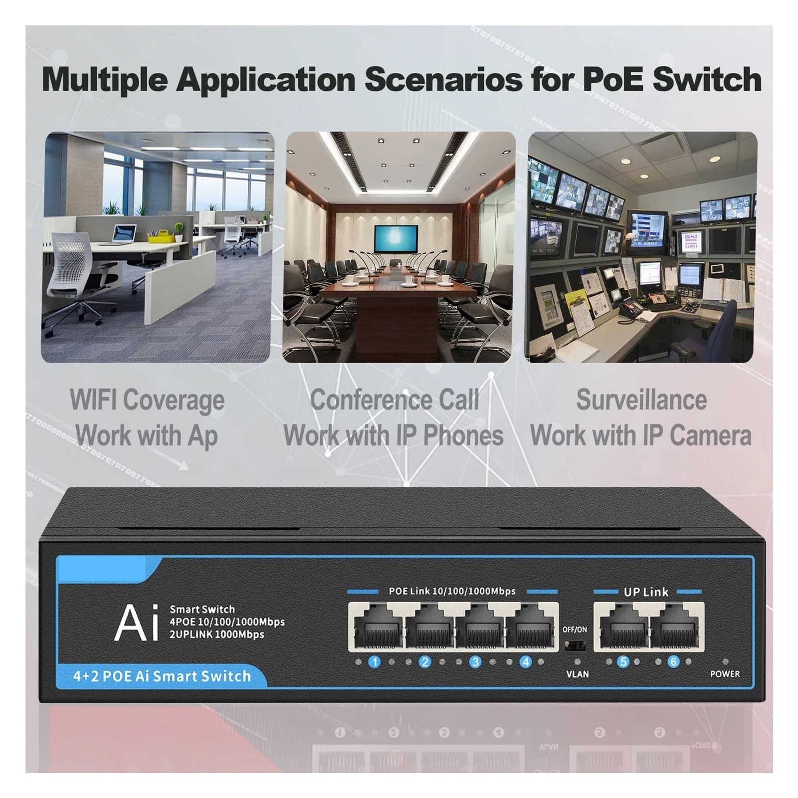 Przełącznik sieciowy, Gigabitowy Przełącznik POE 4 Port POE 2 Łącze W Górę 1000 Mb/s Ethernet Przełącznik POE 52V 65W Przełącznik Sieciowy Do Kamery IP I Bezprzewodowego AP,Niezawodny(Nero)