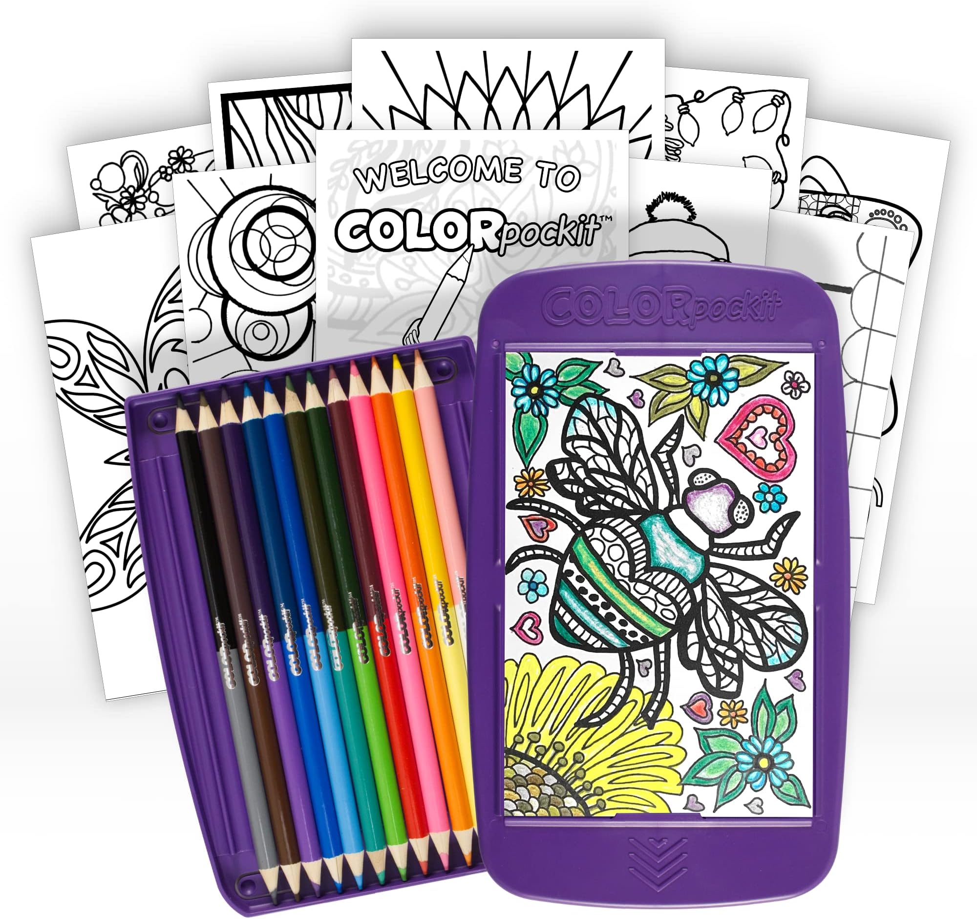 Colorpockit Coloring Kit Travel Art Set with Colored Pencils, 4x6 Coloring Cards, Built in Sharpener, Mess Free Trip Activities for Airplanes or Car, 8.5 x 5, 28 pieces