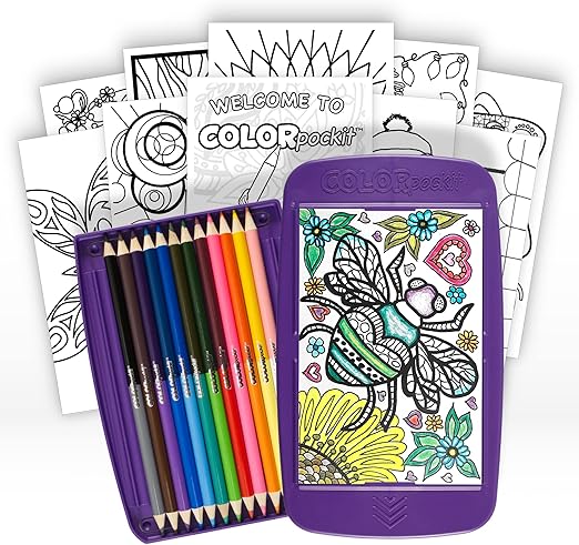 Colorpockit Coloring Kit Travel Art Set with Colored Pencils, 4x6 Coloring Cards, Built in Sharpener, Mess Free Trip Activities for Airplanes or Car, 8.5 x 5, 28 pieces