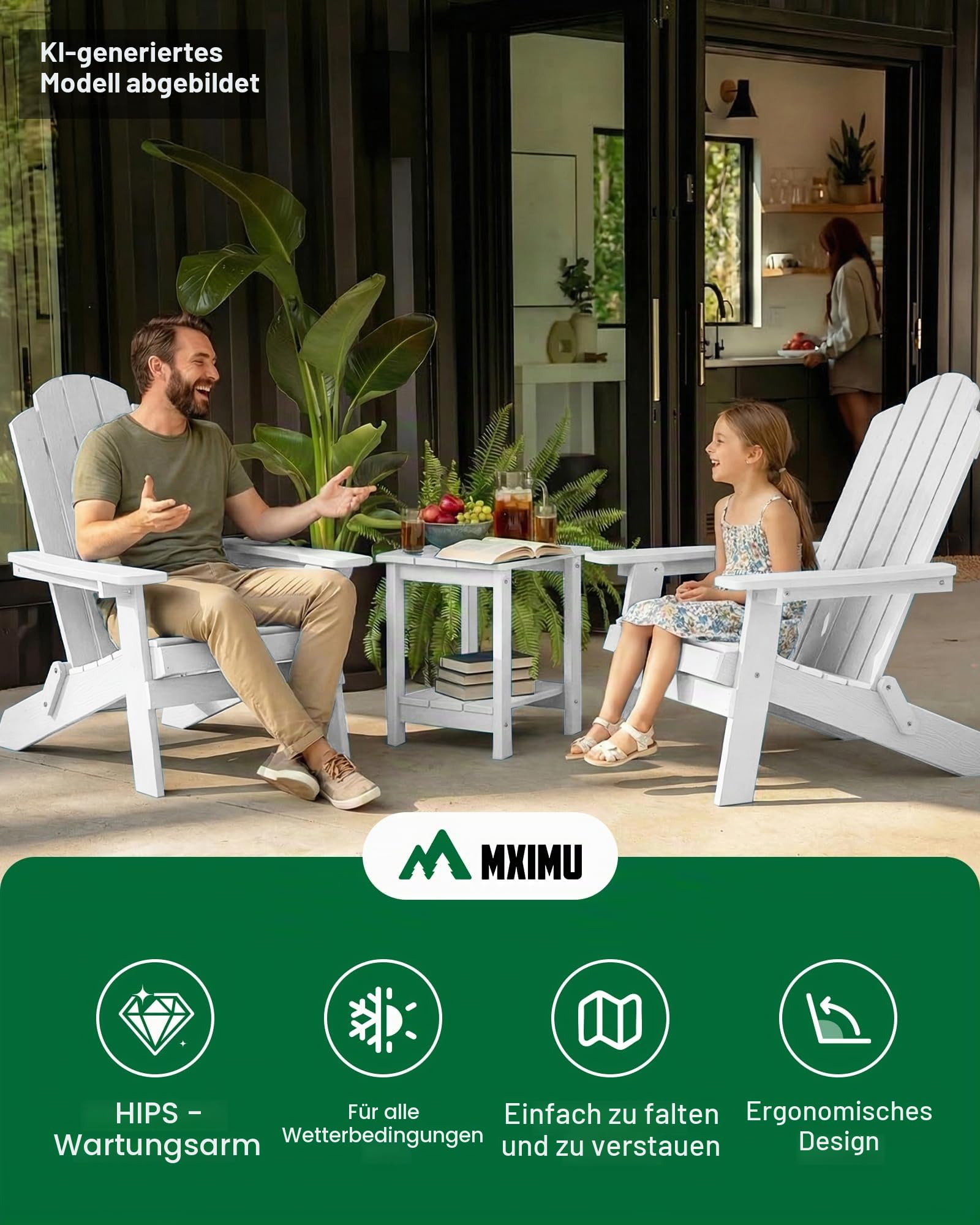 MXIMU Adirondack Stuhl für Outdoor Garten: Wetterfest Adirondack Chair Kunststoff HIPS für Outdoor Stuhl - Ergonomisch Adirondack Gartenstuhl Klappbar für Balkon/Terrasse/Feuerstelle/Beach(Weiß)