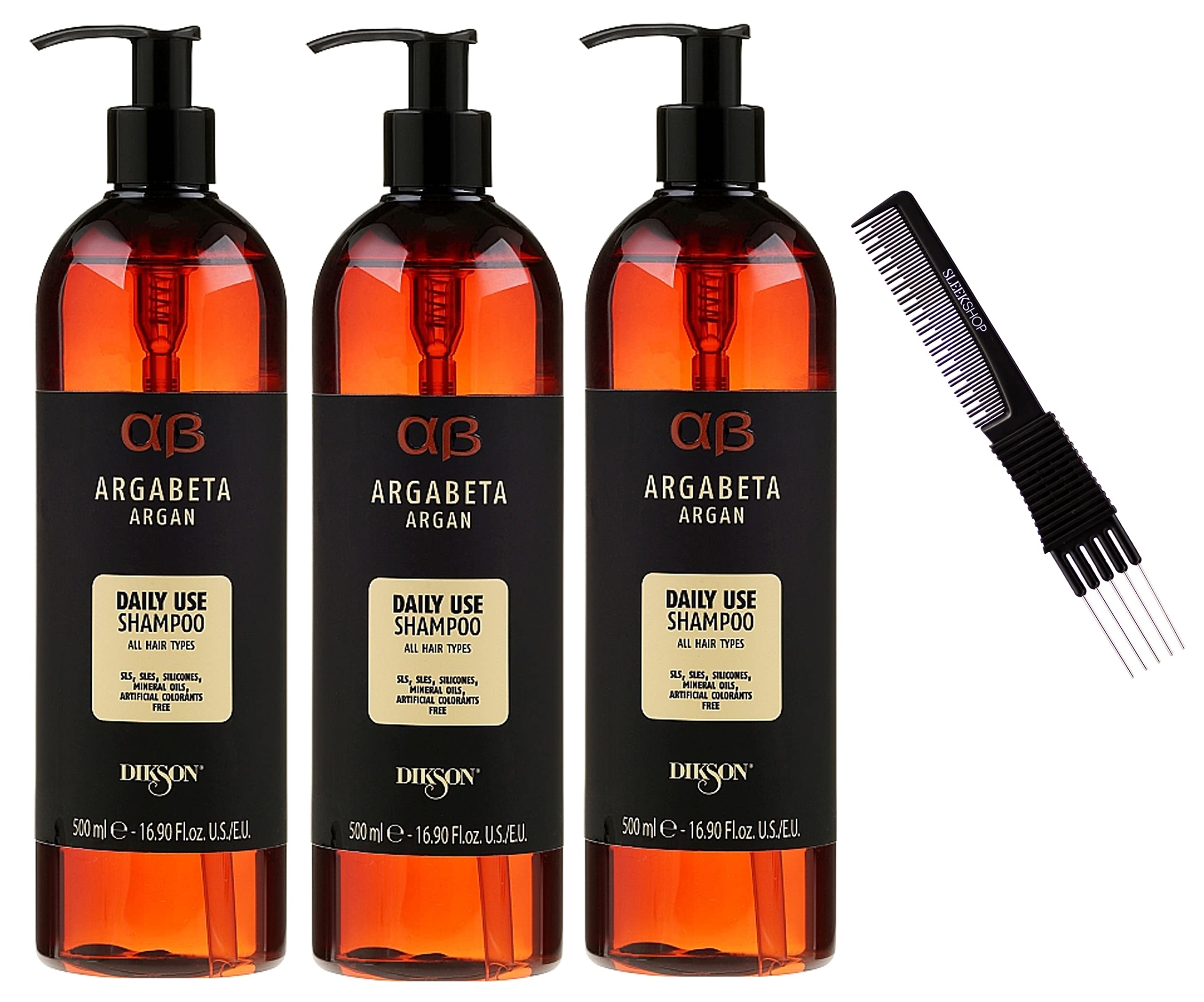 Dikson System AB ARGABETA ARGAN Daily Use Shampoo for All Hair Types (w/SLEEKSHOP Premium Carbon Teasing Comb) (16.9 oz (PACK OF 3))