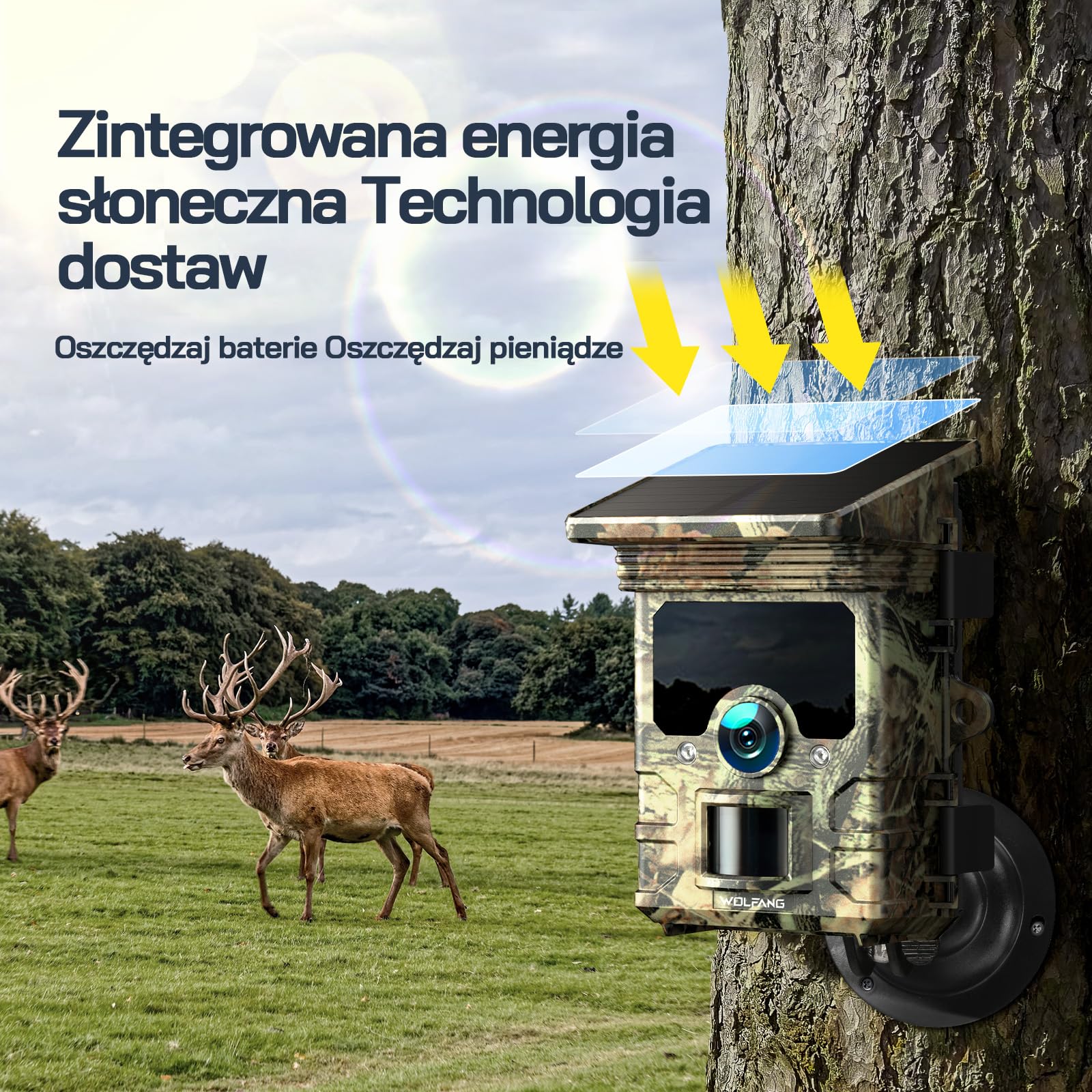 WOLFANG Kamera przyrodnicza WiFi Bluetooth – 4K 68 MP kamera solarna z aktywowanym noktowizorem, kamera do gier o czasie wyzwalania 0,1 s, wbudowana bateria litowa 5200 mAh do monitorowania dzikiej