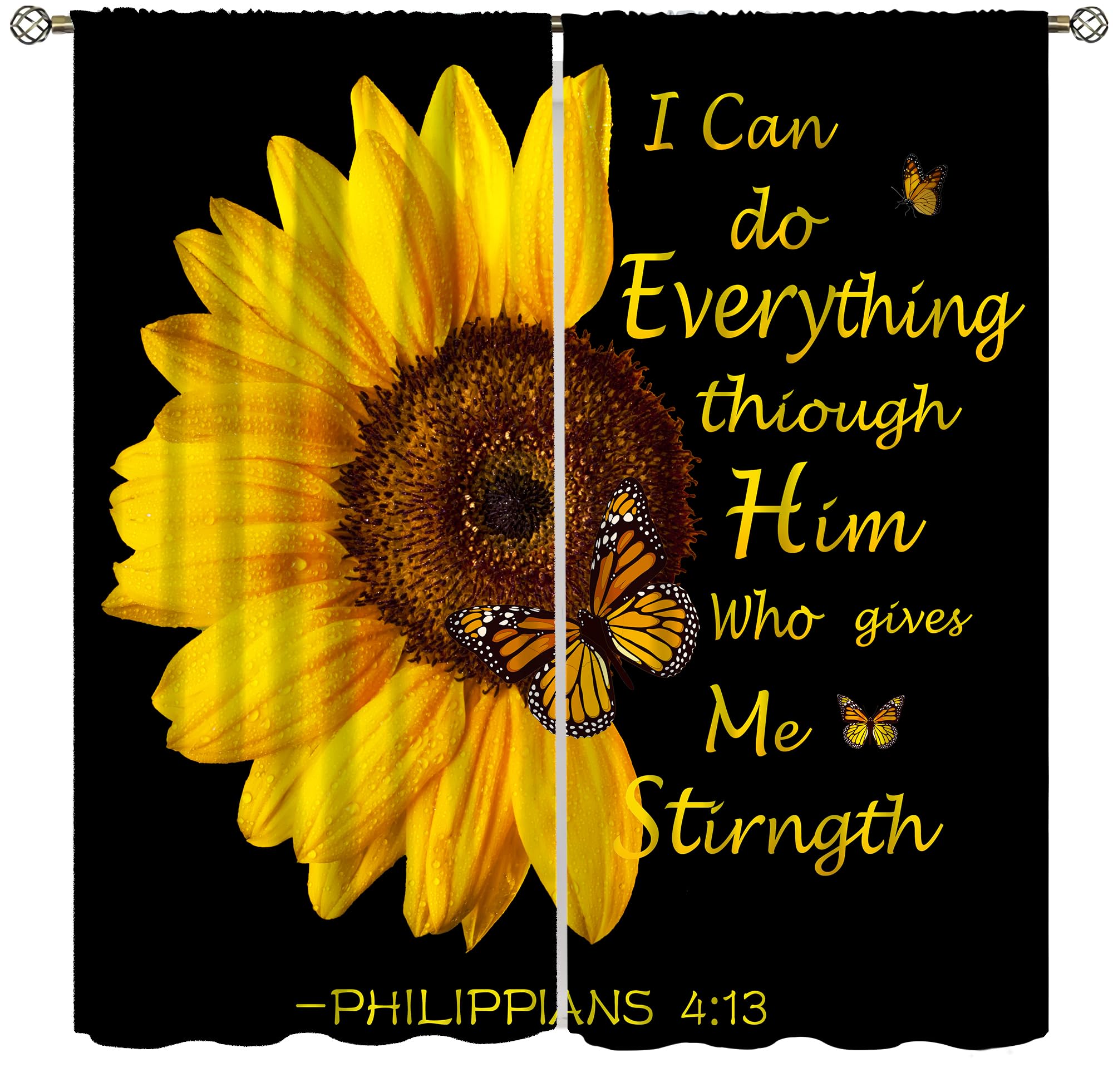 wlsgdsg Sunflower Curtains for Kitchen,Black Pithy Rustic Sunshine Beautiful Wonderful Sunflower Plant Flower Butterfly Window Drapes Print for Kids