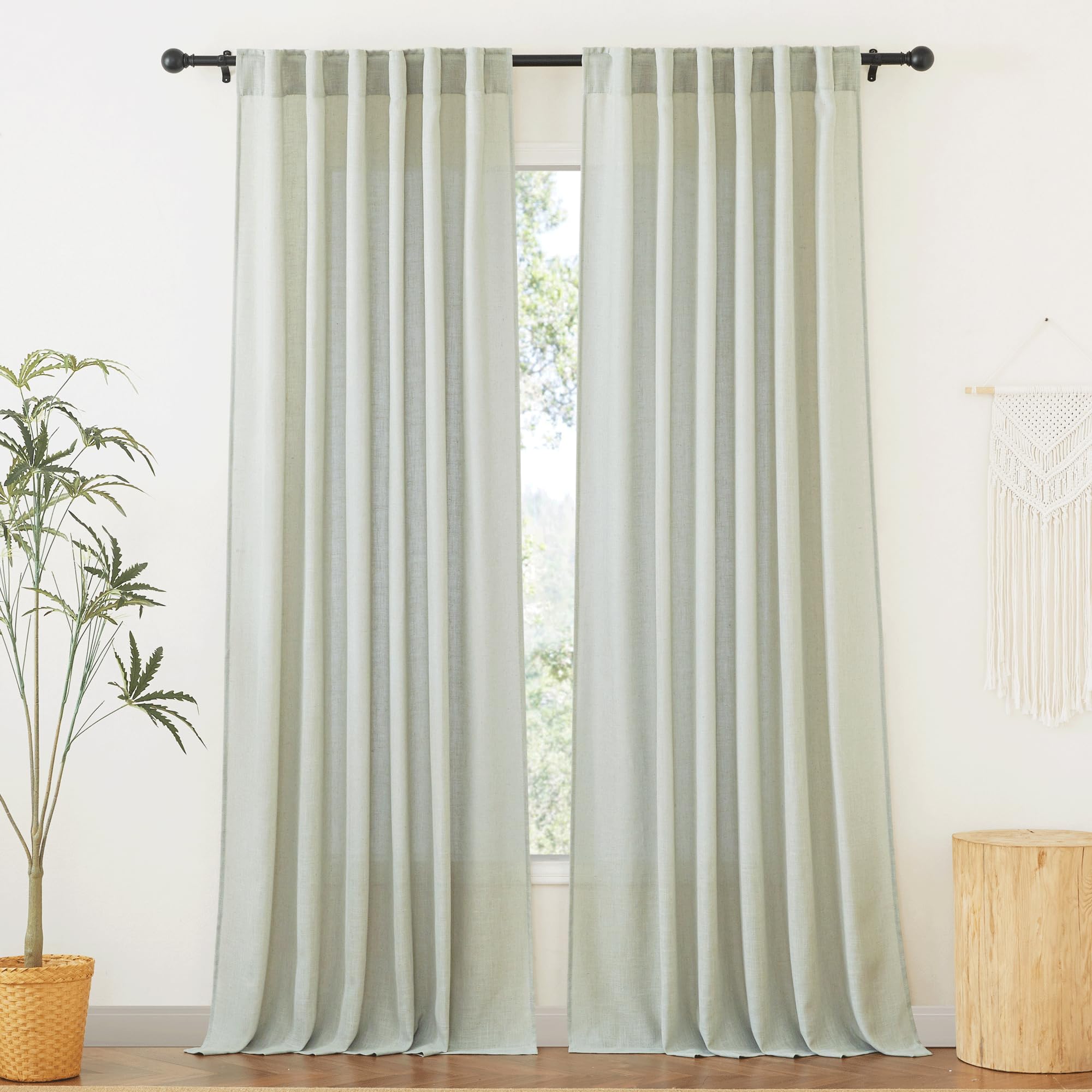 RYB HOME Linen Sheer Curtains 95 inches Long, Airy Breathable Absorbent Curtains & Drapes, Light Filter Half Privacy Protect for Sliding Door, Farmhouse, Living Room, 52" W x 96" L, 2 Panels, Sage