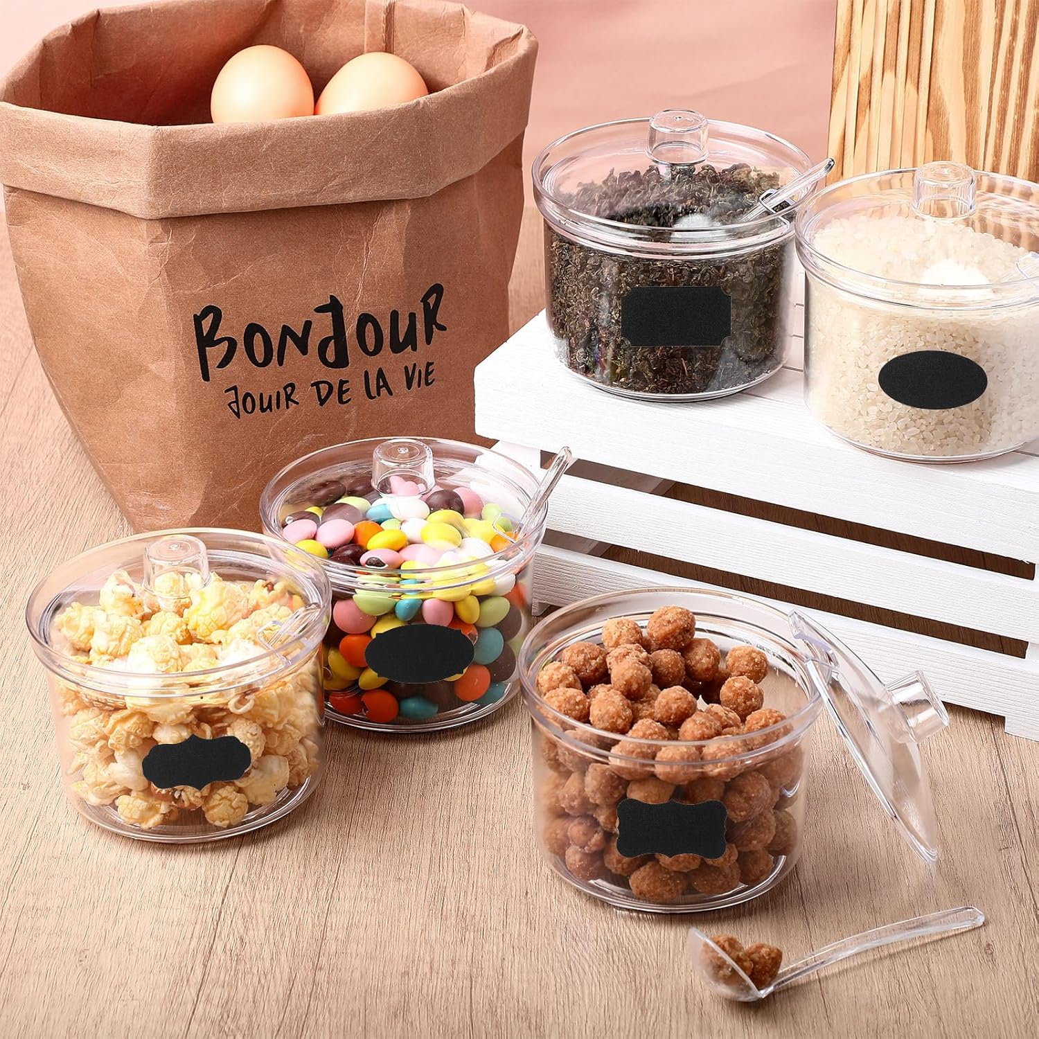 Remerry 20 Pcs Acrylic Sugar Bowl Containers 13.5 oz Clear Sugar Holder Dispenser Salt Bowl with Lid and Spoon with Tag for Home Kitchen Countertop Serving Condiment Candy Coffee Tea Spices Herbs