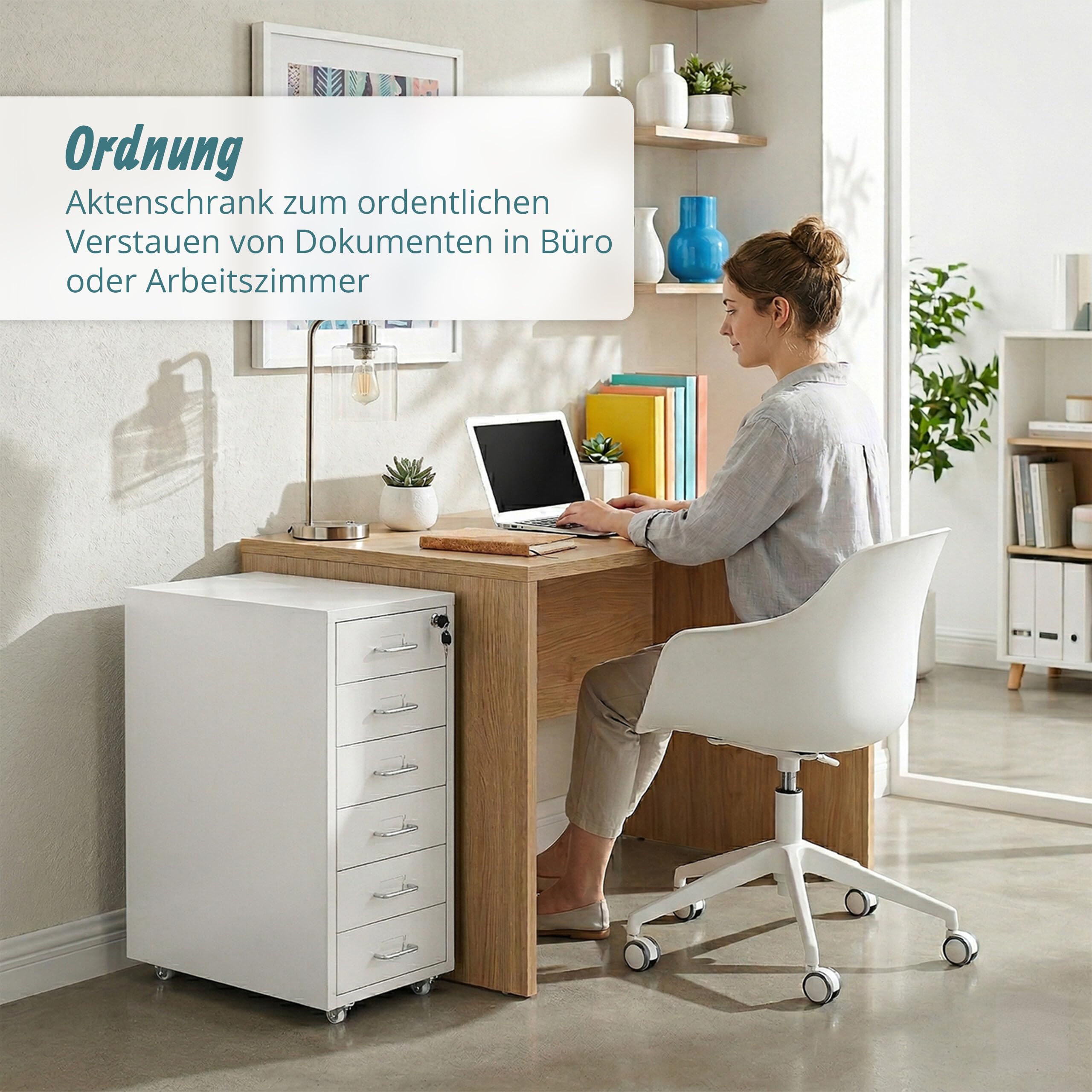 Relaxdays Rollcontainer, 6 Schubladen, HxBxT: 69 x 28 x 41 cm, abschließbar, Aktenschrank auf Rollen, Metall, weiß