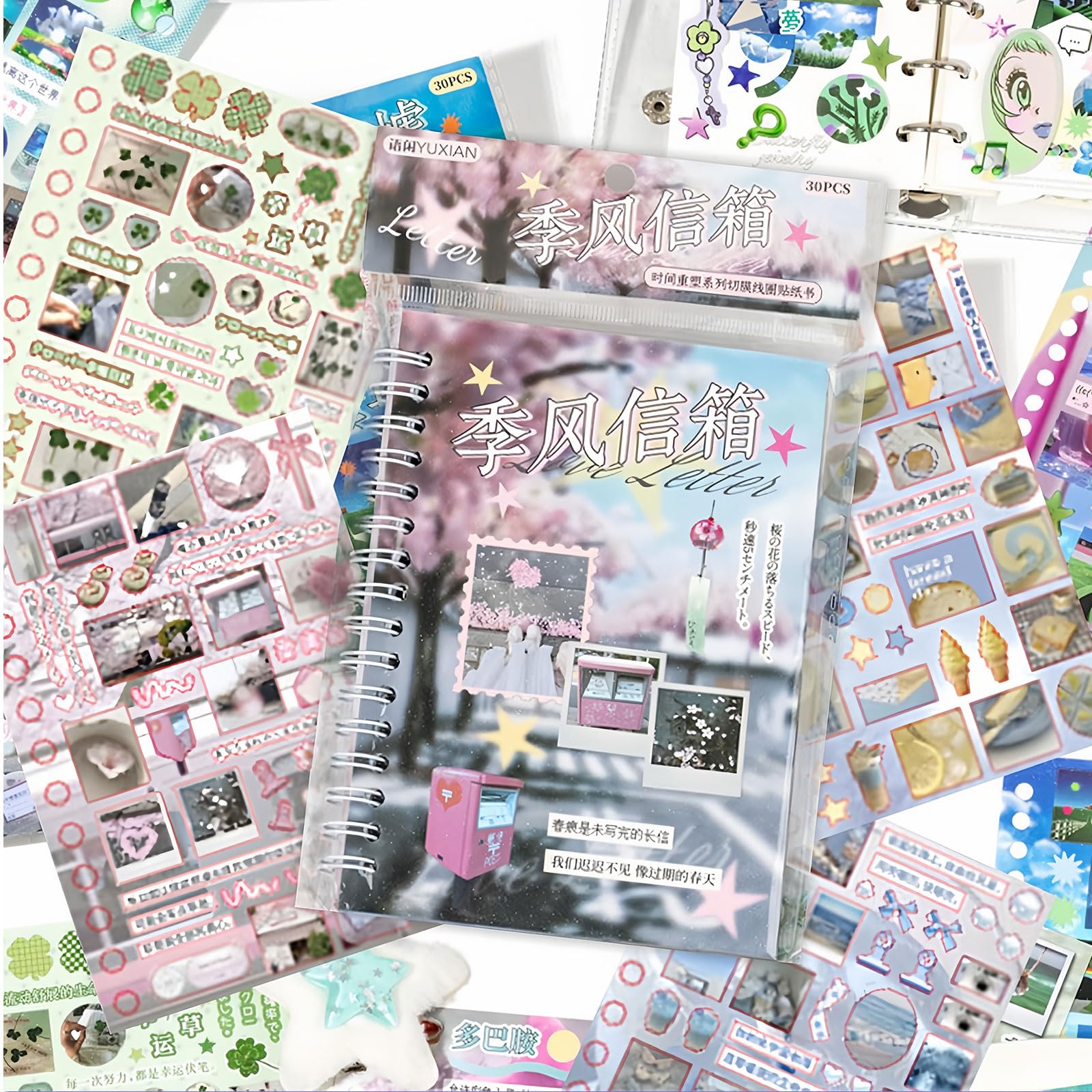Bafutayawa Sticker Book Journal Scrapbook Accessories, 30 Sheets 990+ Designs in Japanese Style, Journaling Set for Photo Album & Bullet Journal, Aesthetic Junk Journal Decoration, A6 incl. Tweezers