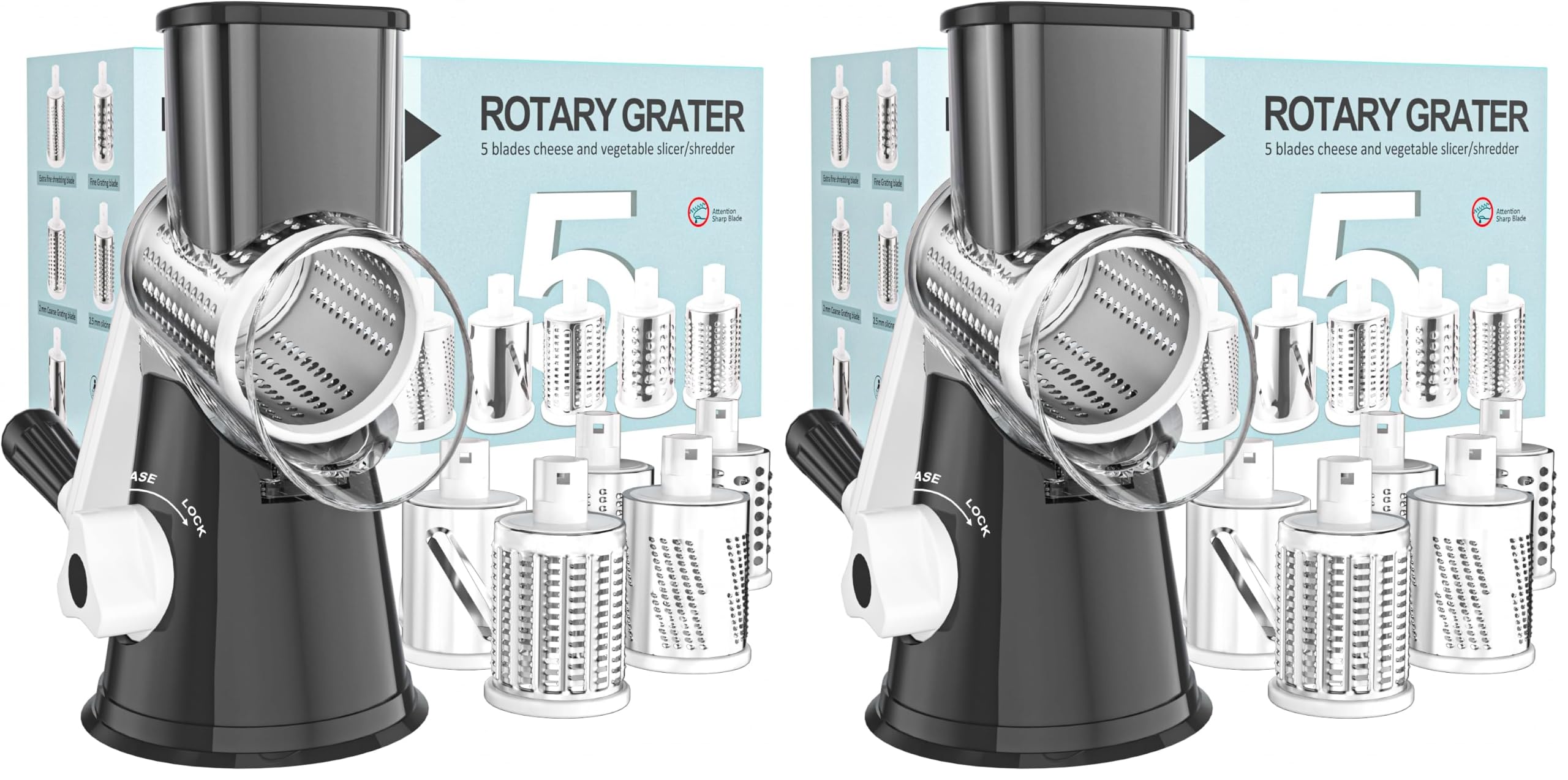 Cambom Rotary Cheese Grater Hand Crank Cheese Shredder for Fresh Cheese, Vegetable, Nuts,Non-slip Suction Base, Five Blades, Black (Pack of 2)