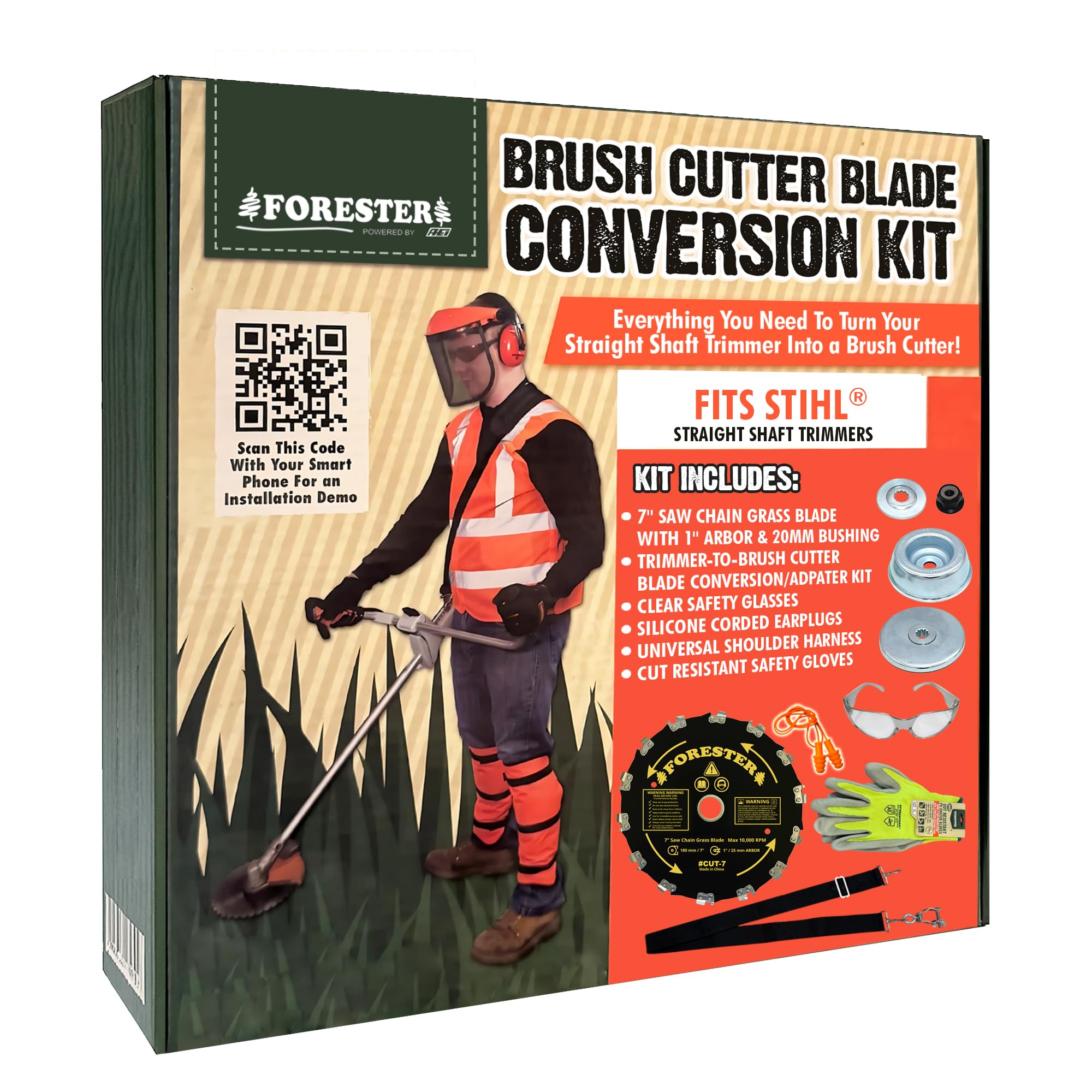 FORESTER Kit di conversione decespugliatore con lama decespugliatore da 17,8 cm, include occhiali di sicurezza, tappi per le orecchie, guanti, imbracatura, compatibile con la maggior parte dei