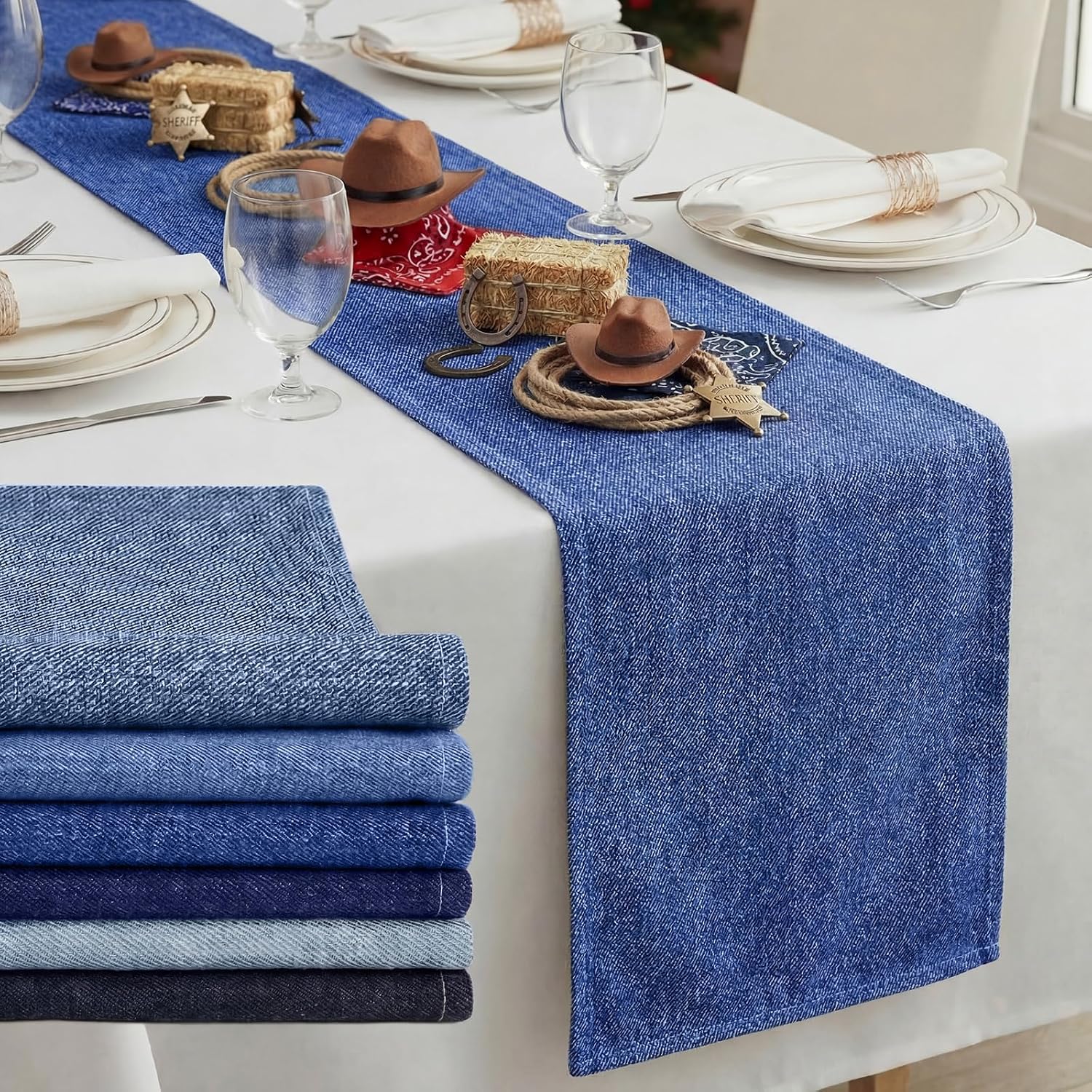 6 Pcs 72 x 13'' Blue Jean Baby Shower Table Runner Denim Baby Shower Decorations Washable Blue Linen Table Runner for Rustic Farmhouse Kitchen Dining Home Wedding Birthday Party Decor