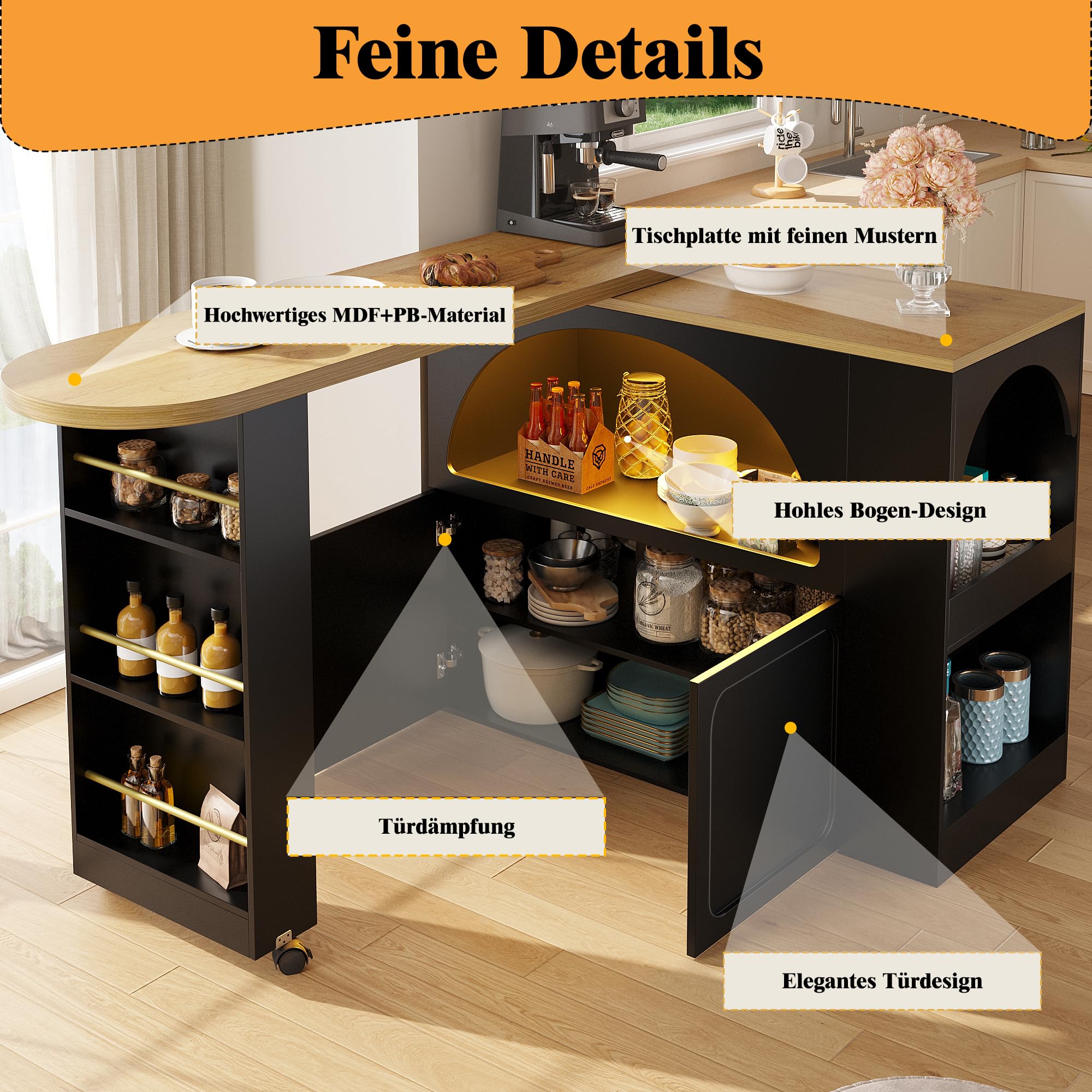 Merax Ausziehbarer Bartisch 135–205 cm,Beweglicher Bar Table mit LED & Rollen, Teleskopischer Hochtisch Kücheninsel schwarz, Bartheke mit Gewölbten Türen, Snack-Regal & Soft-Close Schrank