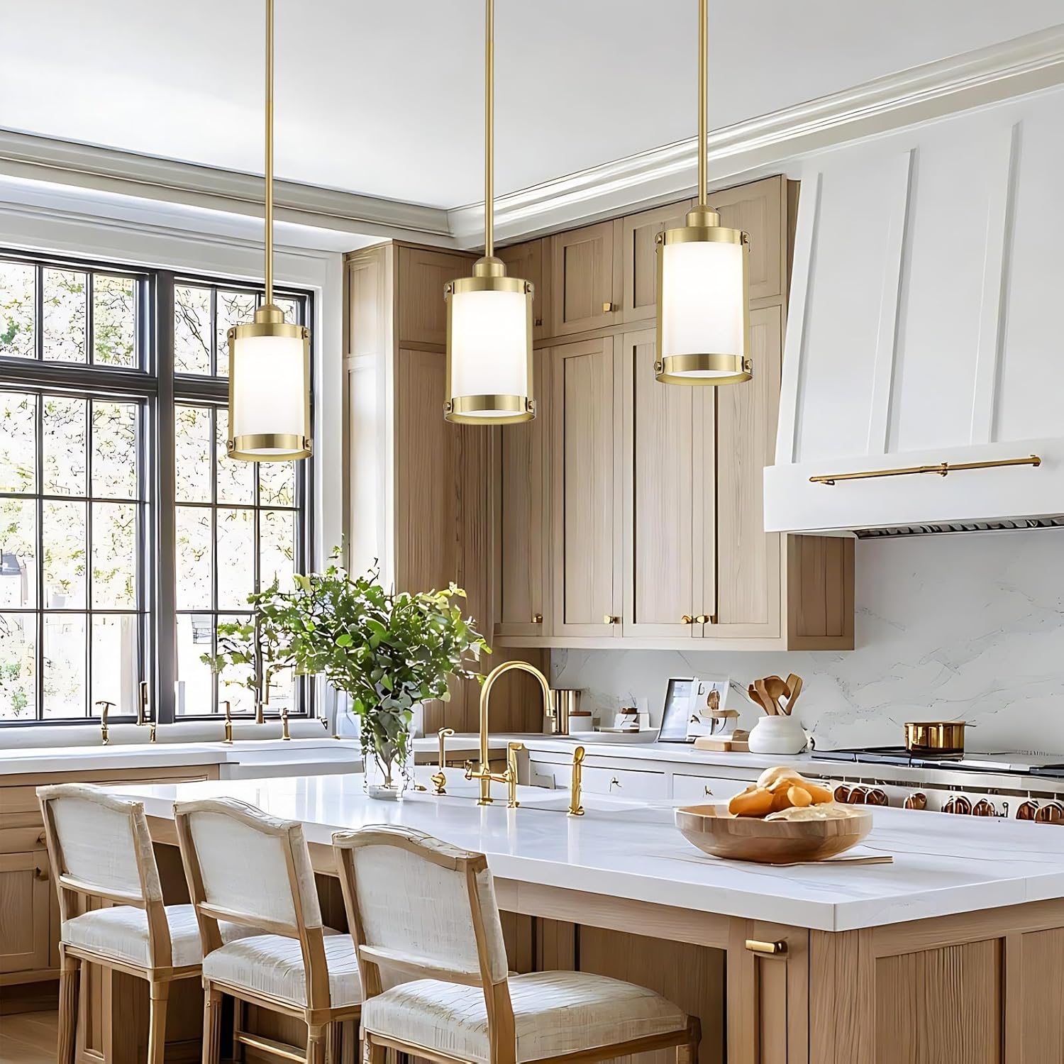 Brushed Gold Milk Glass Pendant Light Kitchen Island,Modern Brass Mini Pendant Lighting,Farmhouse Art Deco Chandelier Hanging Light Fixtures Over Sink for Dining Room