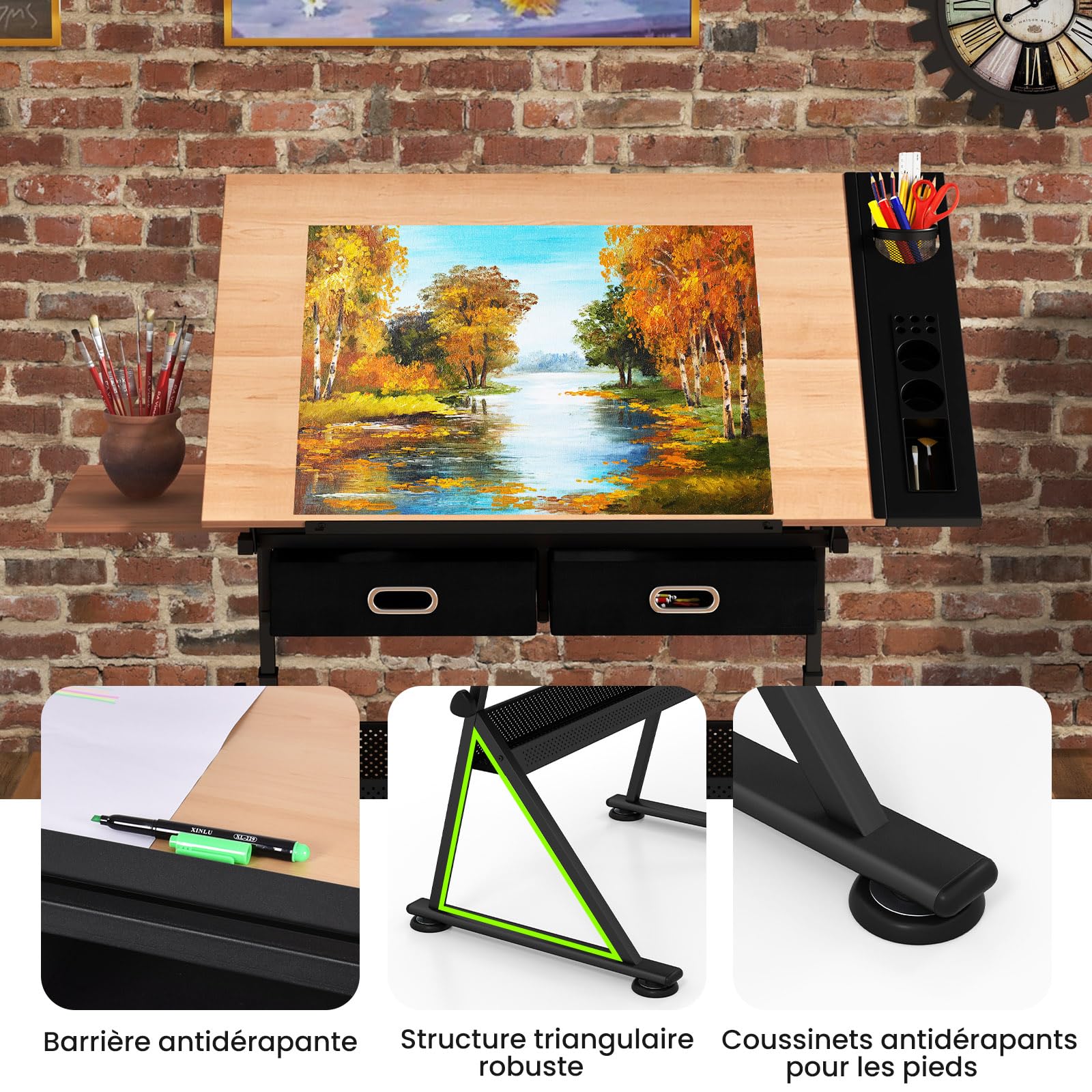 COSTWAY Table à Dessin Inclinable, Bureau à Dessin avec Tabouret, 2 Grands Tiroirs, Porte-Stylo, Hauteur Réglable, pour Peinture, 61,5 x 119 x (73,5-98) cm, Noir + Naturel