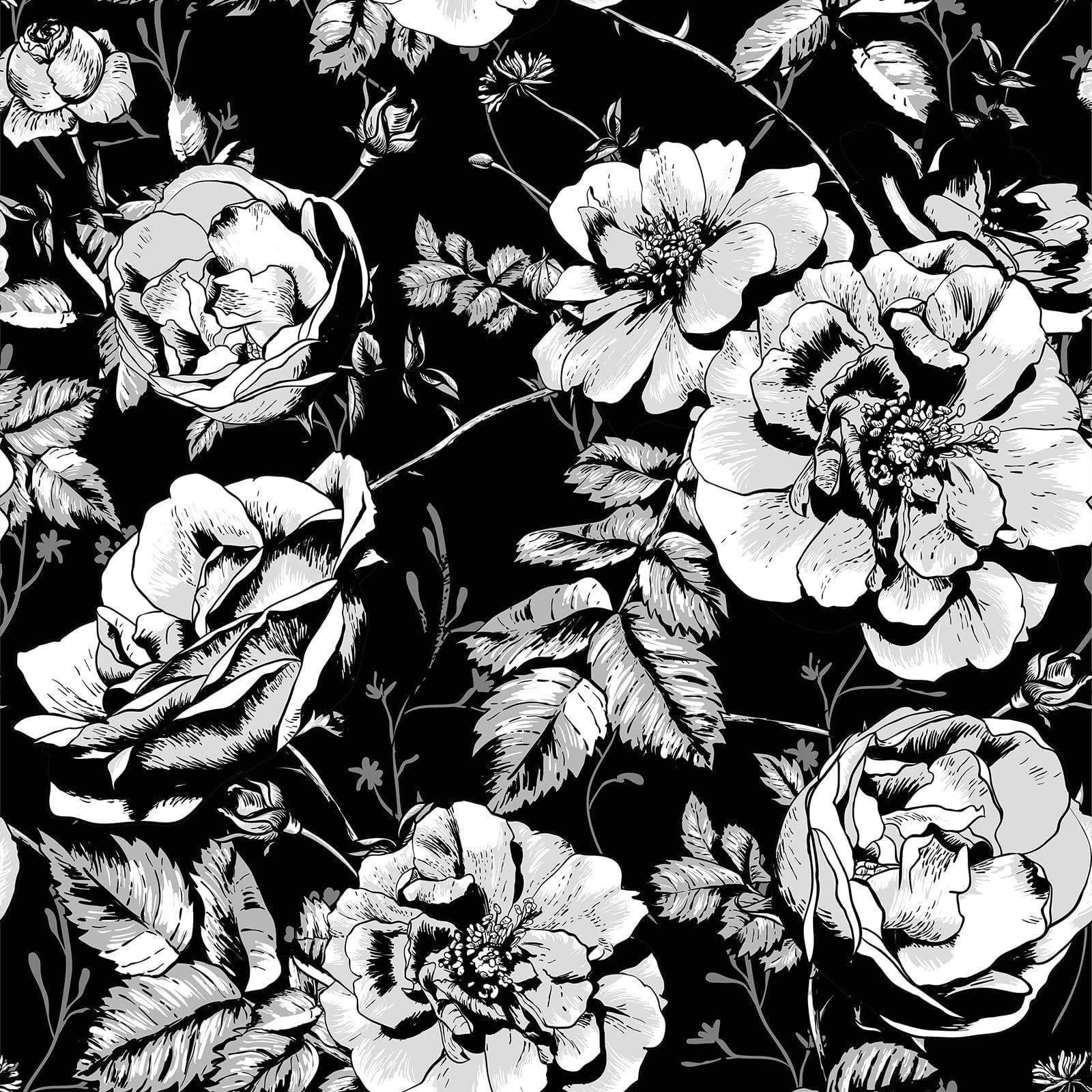 FunStick 44.5CM×9M Papel Pintado Flores Blanco y Negro Gótico Papel Adhesivo para Muebles Flores Papel de Pared Decorativo para Salon Baño Blanco y Negro Rosas Papel Pared Autoadhesivo Dormitorio