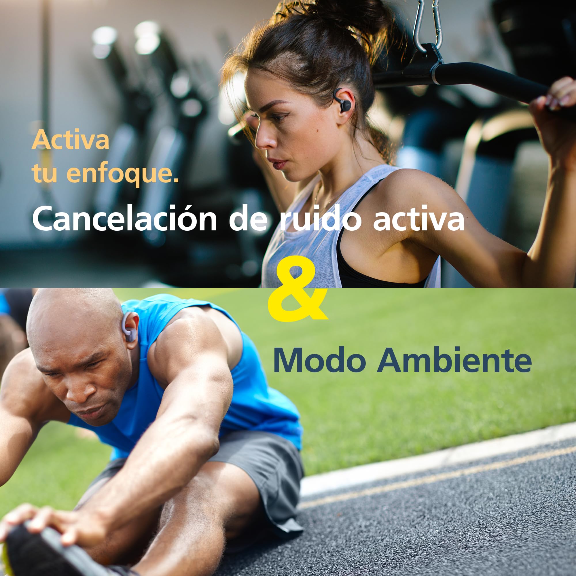 JVC Auriculares Inalámbricos Deportivos HA-EC75T, Ganchos Ajustables, 40h Batería, Cancelación de Ruido + Modo Ambiente, Resistencia IP57, Baja Latencia, Micrófono – Negro | Conciencia del entorno, gancho flexible seguro, sonido claro AAC, control táctil,