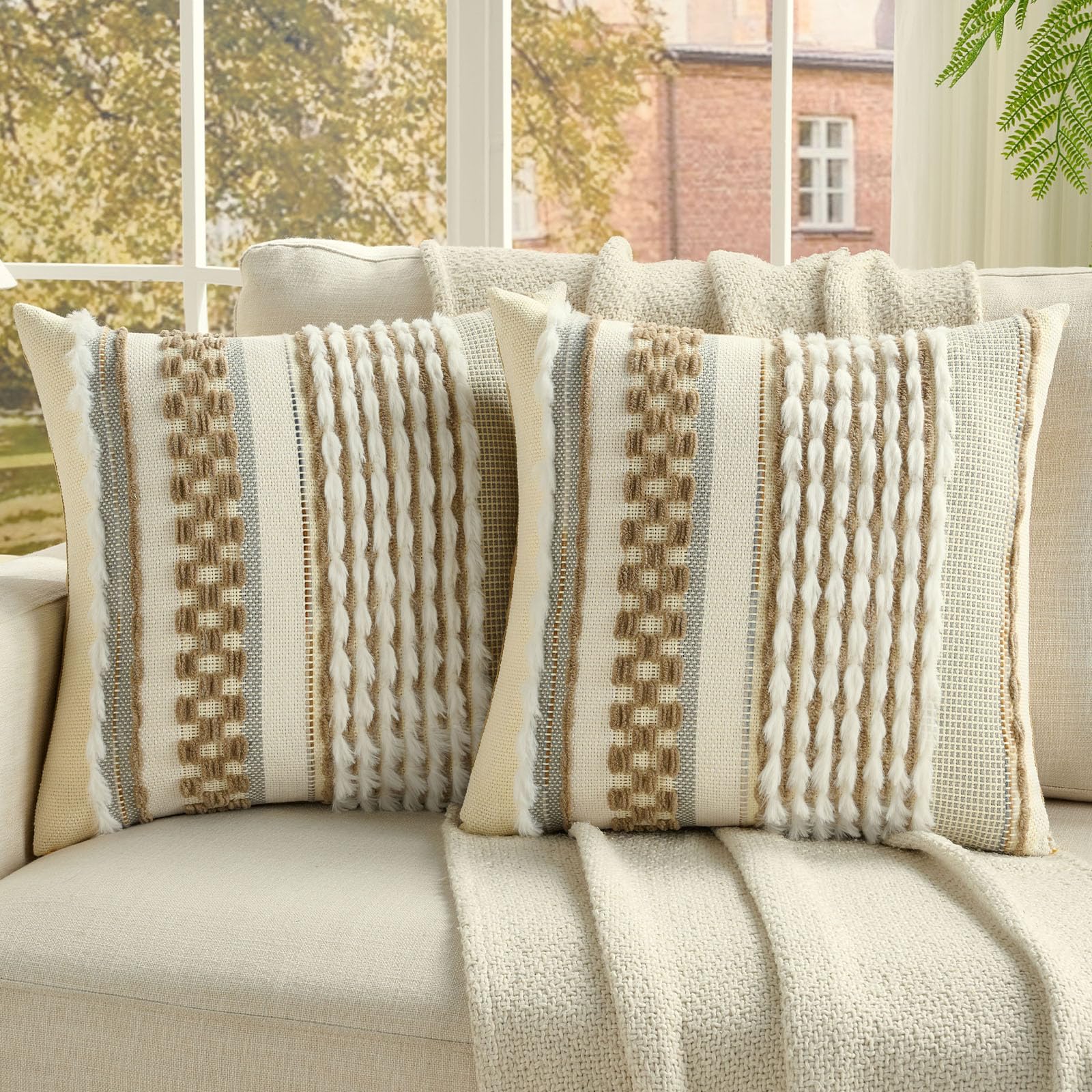 FUTEI Set of 2 Chenille Tufted Cushion Covers 50 x 50 cm,Coffee