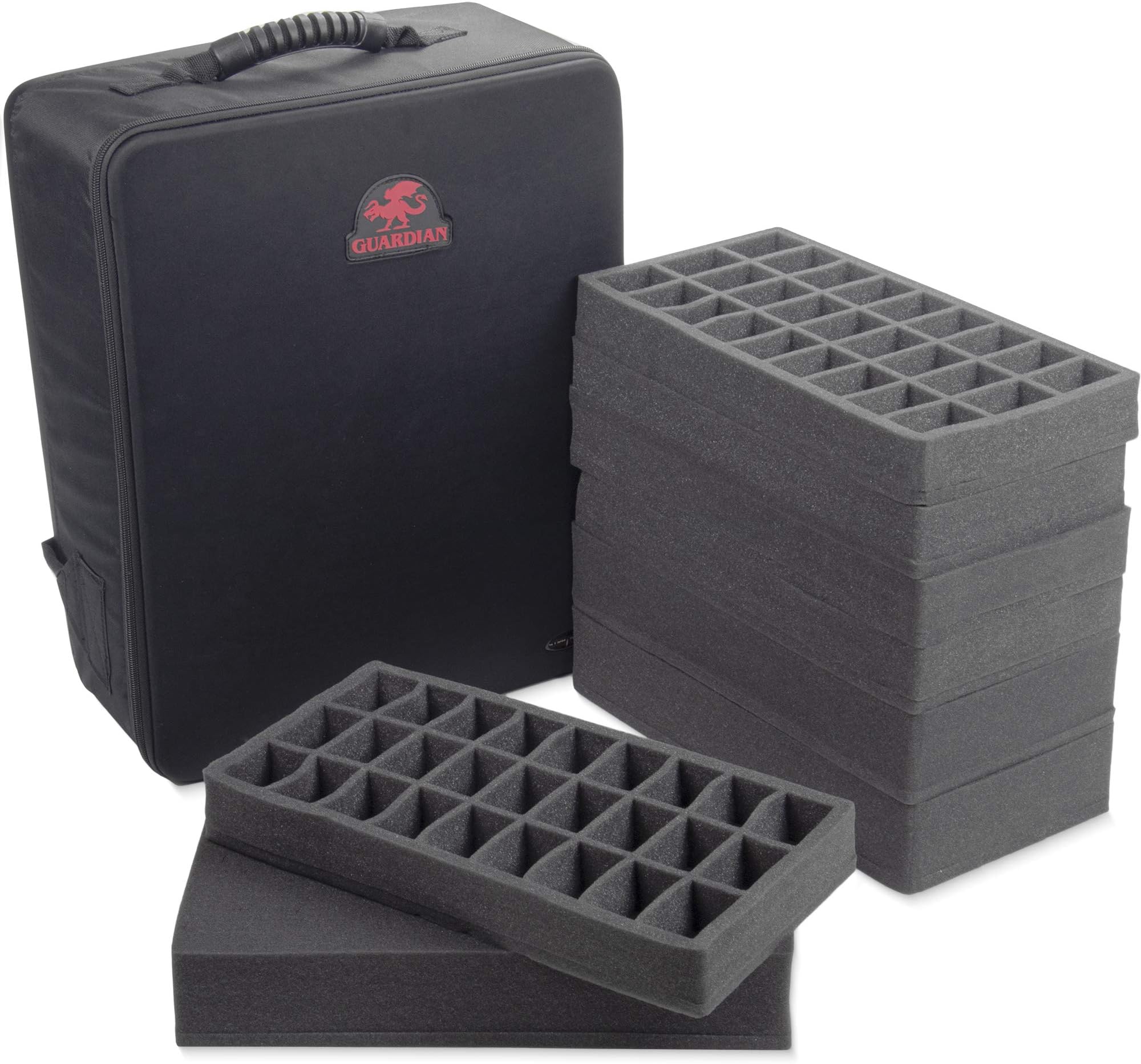 Guardian Tabletop Gaming Backpack | Deluxe Portable Carrying Case with Space For 135+ Figurines, Large Miniatures, and Wargame Transportation | Includes Four Compartment Trays & 3 Layers of Pluck Foam