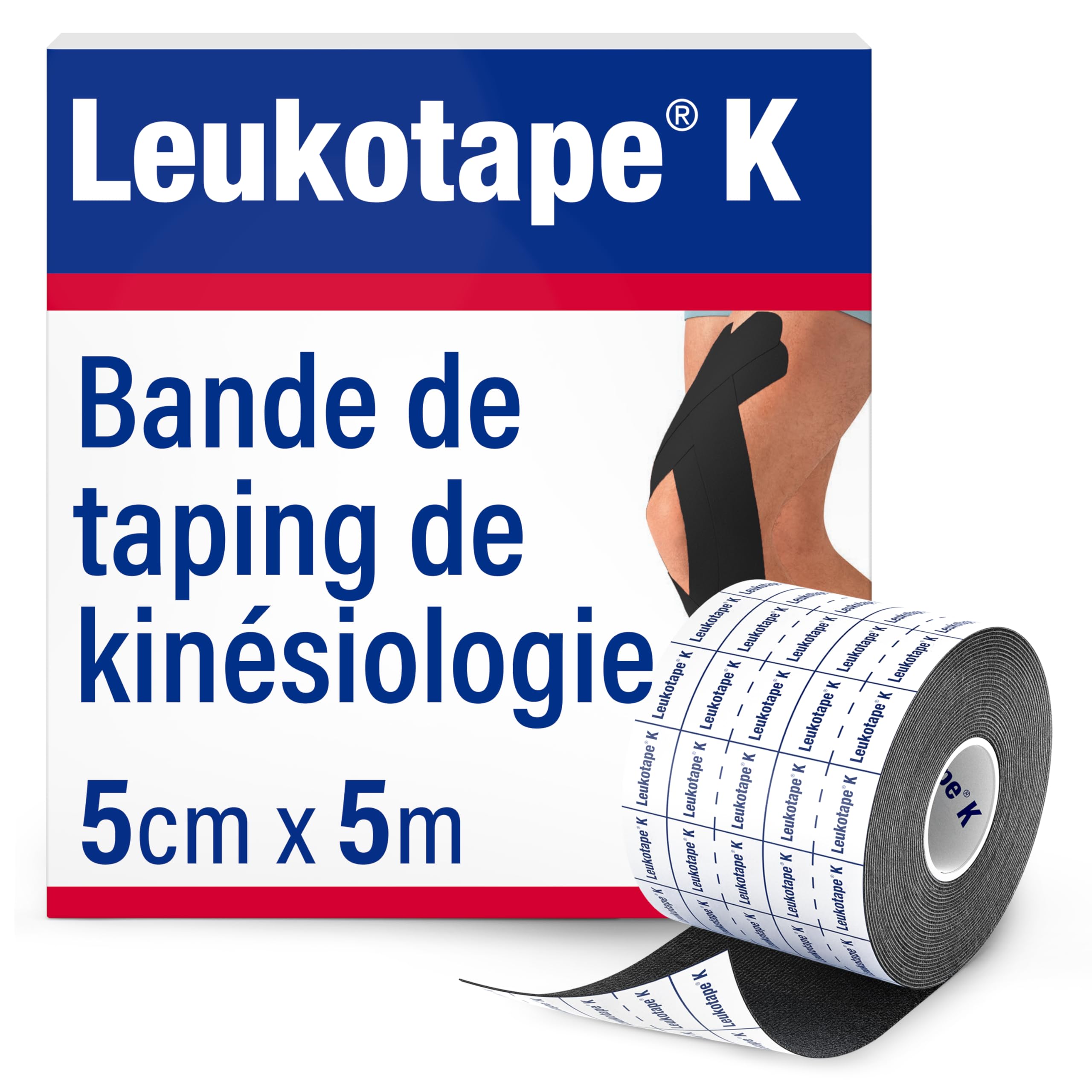 Leukotape K – Bande de taping neuro-​proprioceptive pour le soutien musculaire et le soulagement de la douleur – 5 cm x 5 m, noir, 1 rouleau