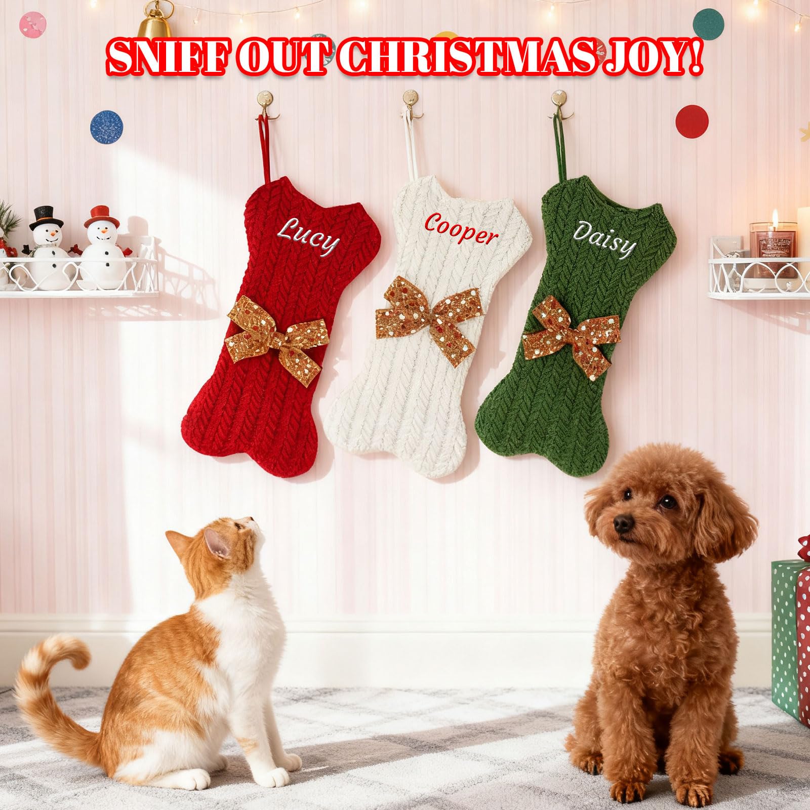 Generisch 4 PCS Personalisiert Weihnachtsstrumpf, Namensstickerei, 42 cm | Knochenförmige Strickware Nikolausstrumpf in Rot, Grün & Weiß, Familien& Haustier Weihnachtsdeko