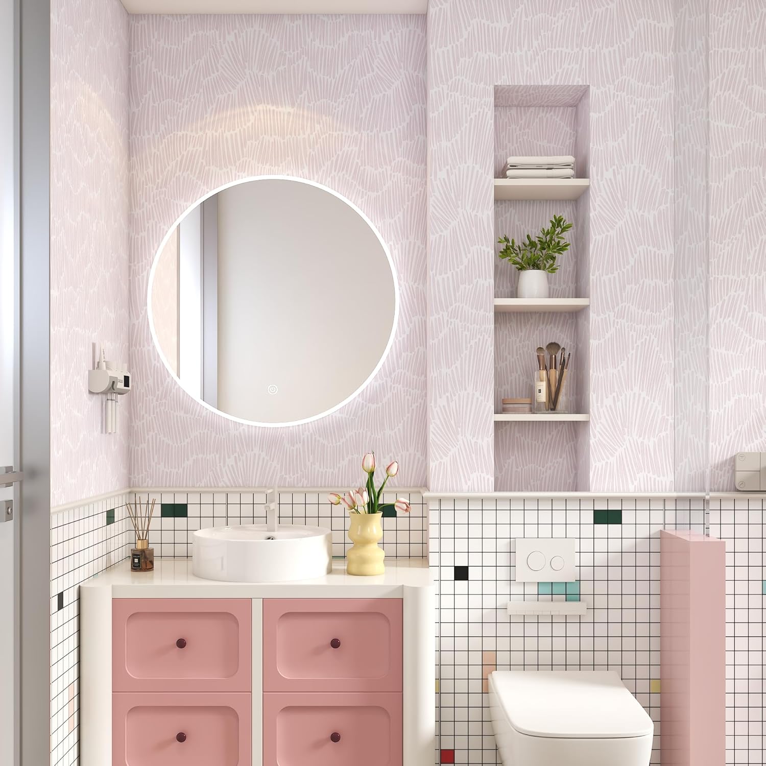 Theper Pink Striped Wallpaper Peel and Stick Wallpaper Boho 17.3"×78.8" Simple Modern Removable Self Adhesive Wall Paper for Bedroom Cabinets Waterproof White and Pink Contact Paper Vinyl Roll