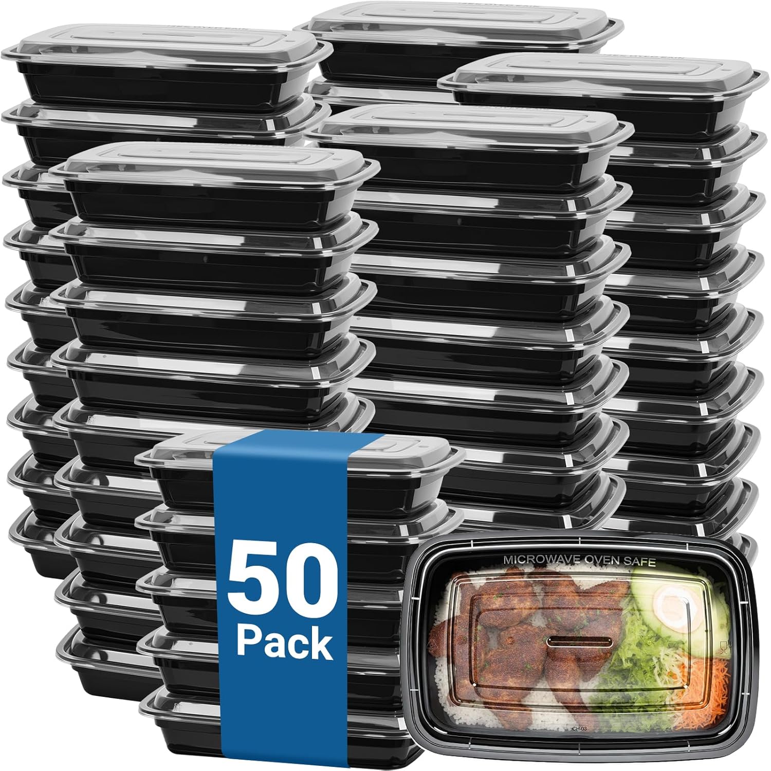 50-Pack 24 oz Reusable Meal Prep Containers 1 Compartment Food Storage Containers with Lids, Bento Box, Stackable, Microwave/Dishwasher/Freezer Safe, BPA Free