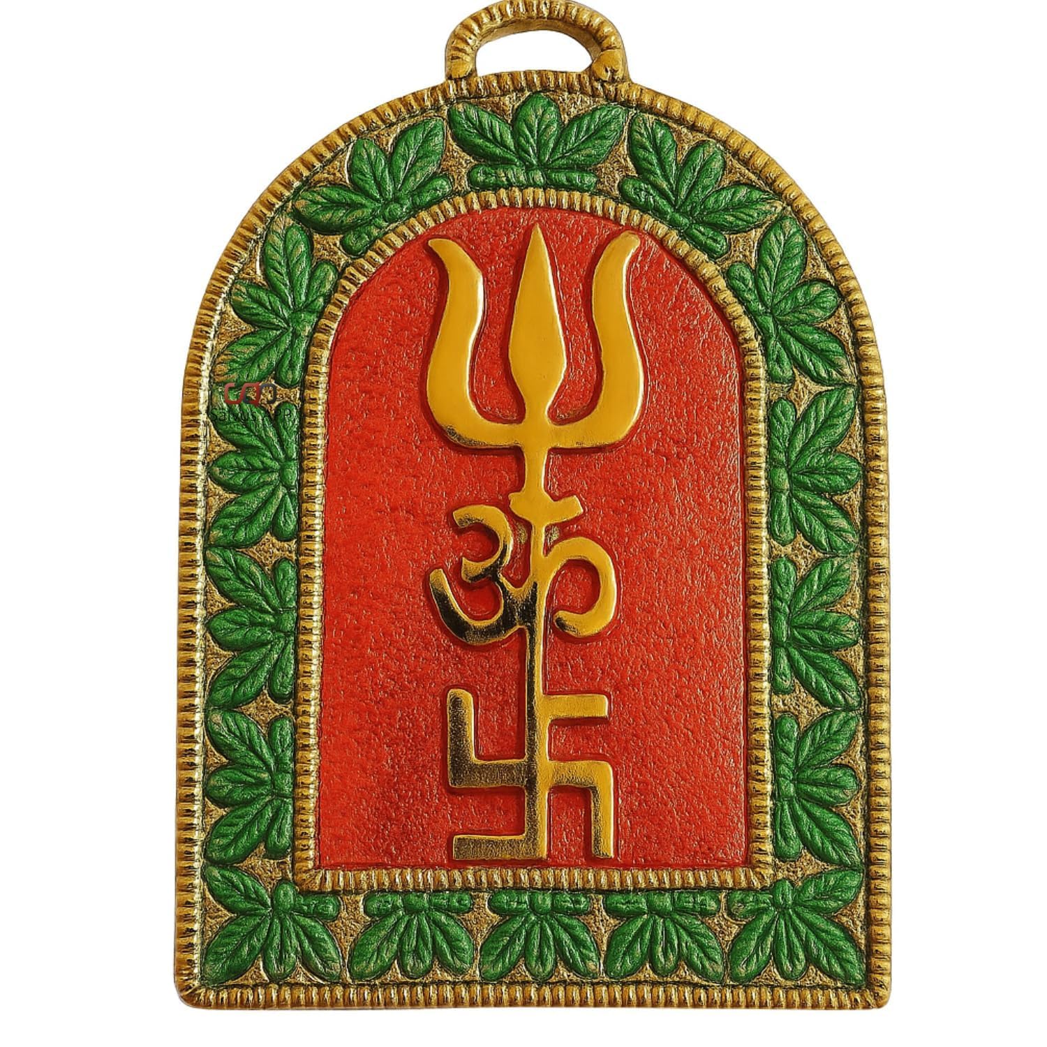 Salvus APP SOLUTIONS Om Trishul Swastik Wall Hanging, Metal Vastu Decor for Home, Office and Shop, Gold, 5.5 x 3.5 Inch