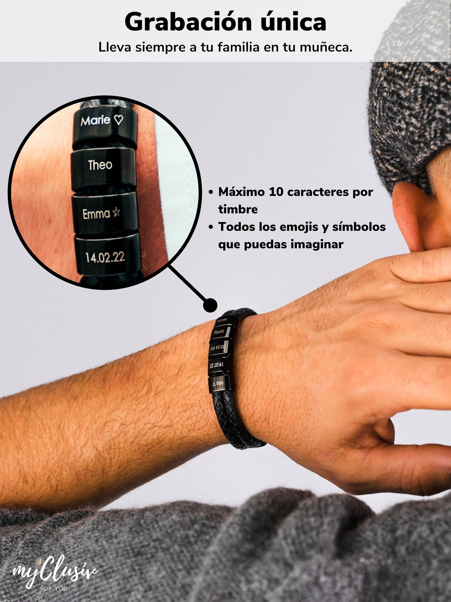 Pulsera personalizada de cuero negro para hombre con nombre - Pulsera con grabado - Regalo para hombre - Regalo papá