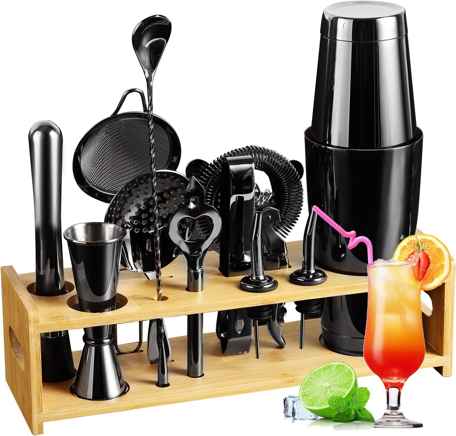 Cocktail Shaker Set Bartender Kit, 14 PCS Cocktail Shaker Stainless Steel Bar Tool Set with Stylish Bamboo Stand | Best Gifts for Drink Mixing Experience