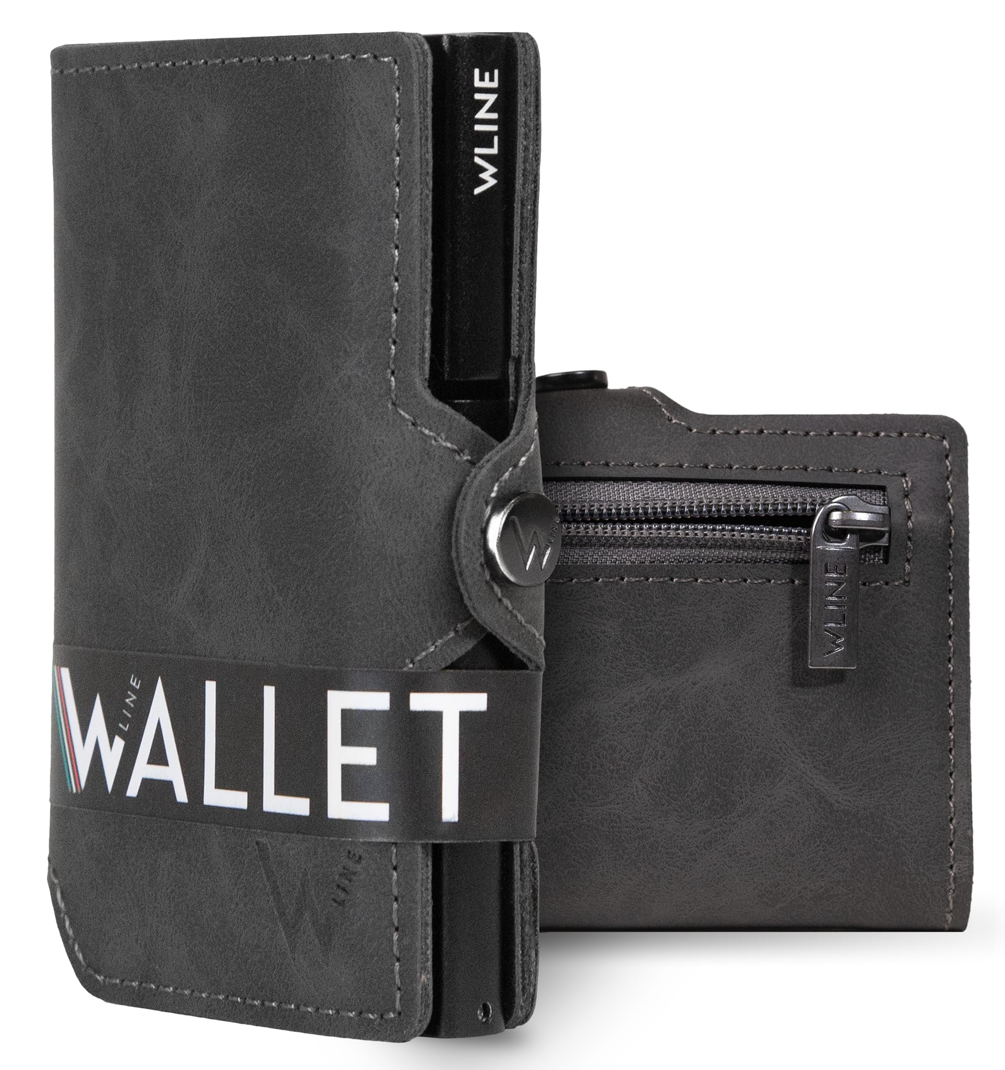 WLine Portafoglio Uomo Slim con Portamonete Rfid Compatto ed Elegante - Porta Carte di Credito Uomo e Donna Schermato in Pelle PU - Portatessere Uomo Tascabile (Grigio Vintage con Zip)