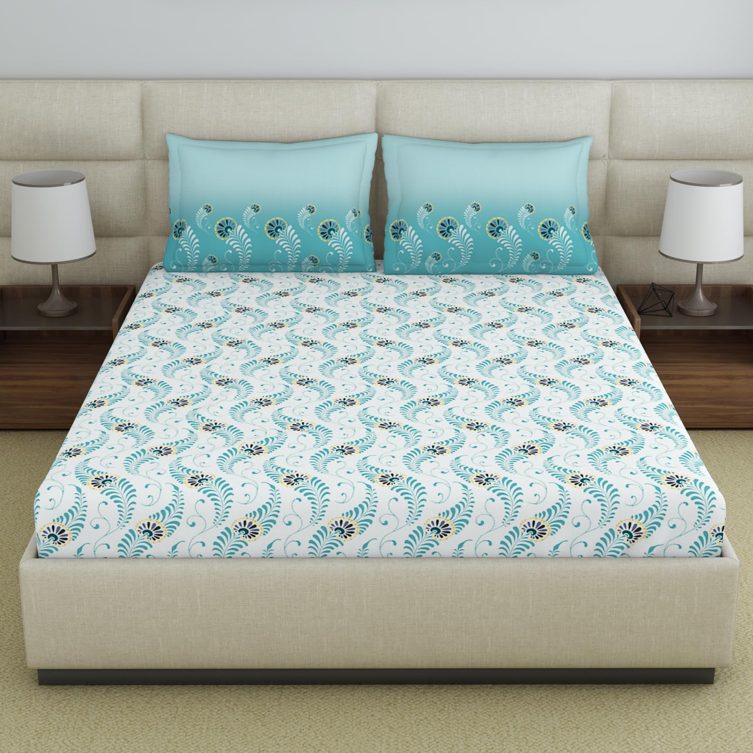 Welspun Polycotton Double Bedsheet (224 Cm X 254 Cm / 43 Cm X 68 Cm