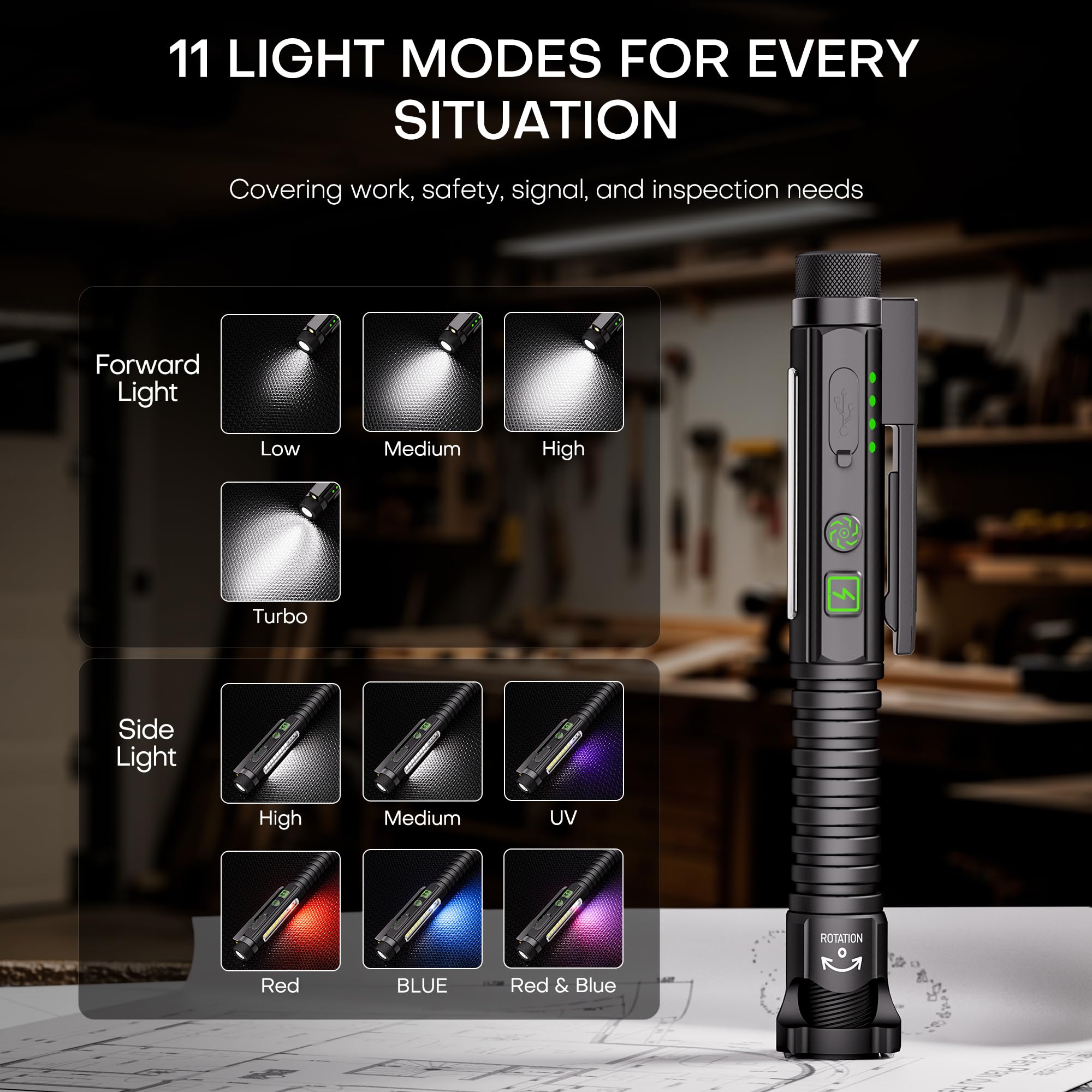 EDC - Torcia ricaricabile da 780 lumen, piccola torcia a LED con clip magnetica e base, 11 modalità, ricarica USB-C, interruttore di vetro e apribottiglie, torcia compatta per lavoro, casa e