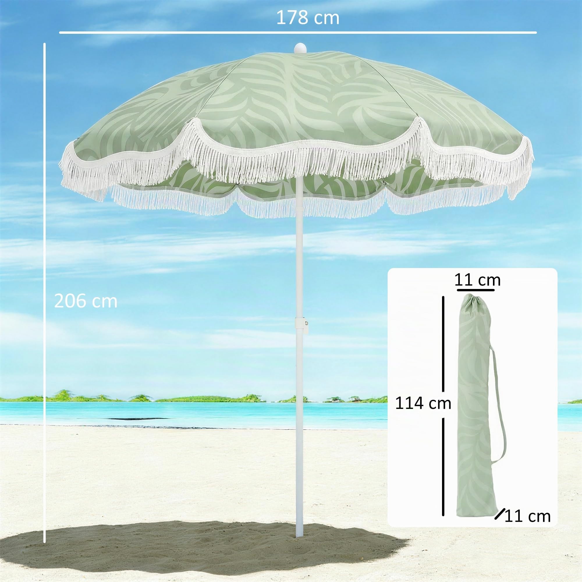 Outsunny Sombrilla de Playa con Flecos Ø180 cm con Inclinación Verde | Sombrilla de Terraza Exterior, Altura Ajustable, Anclaje Arena, Bolsa de Transporte, UPF30+, Estampado de Hojas