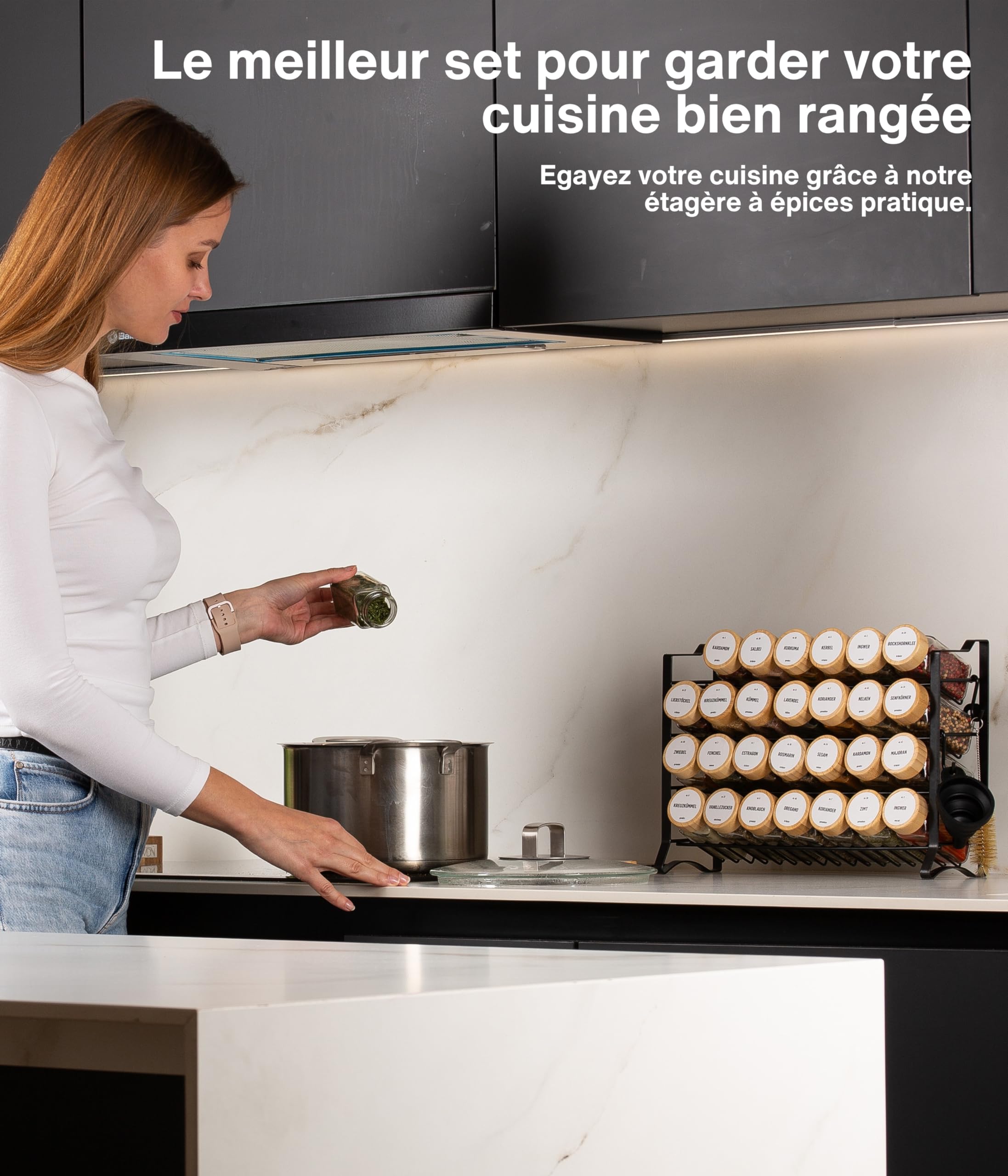 Deco haus® Étagère à épices pour cuisine – 28 pots à épices, organisateur d'épices en métal à 4 niveaux, 28 pots à épices, 144 étiquettes, design autonome ou à monter