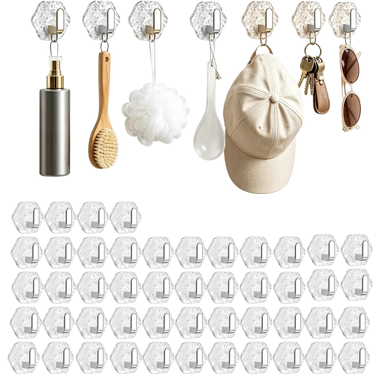 Dawhare Water Ripple Hexagonal Self Adhesive Hooks, Transparent Wall Hanging Luxury Key Hook, Heavy Duty Waterproof Adhesive for Towels, Keys & Home Decor (48silver)