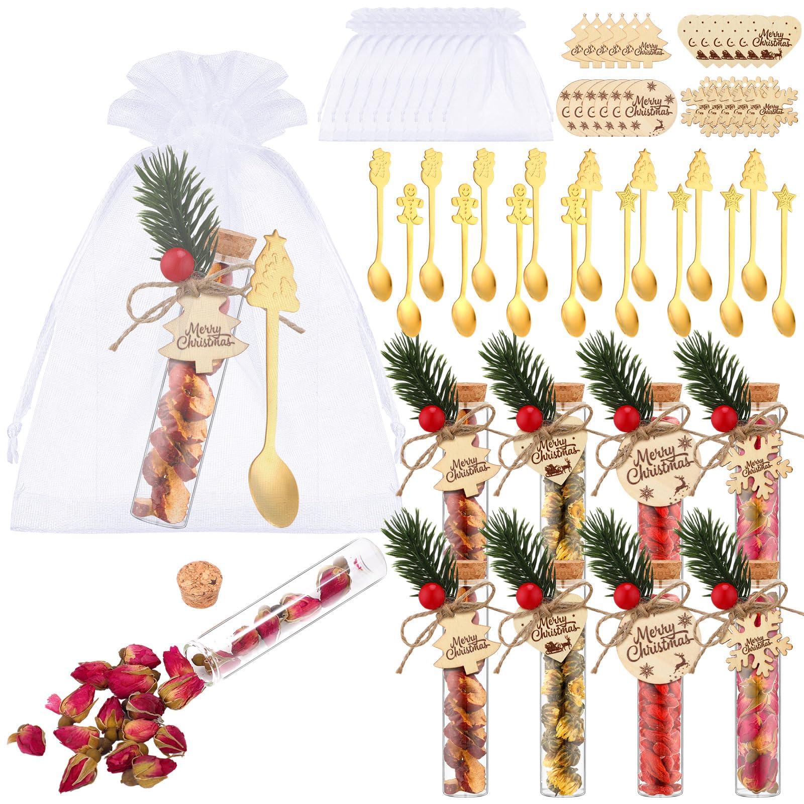 Mimorou 24 Set Christmas Tea Party Favors Bulk Gifts Christmas Tea Party Set with 4.13'' Empty Glass Jars Stainless Steel Teaspoons Organza Bags and Rope Thank You Xmas Gifts